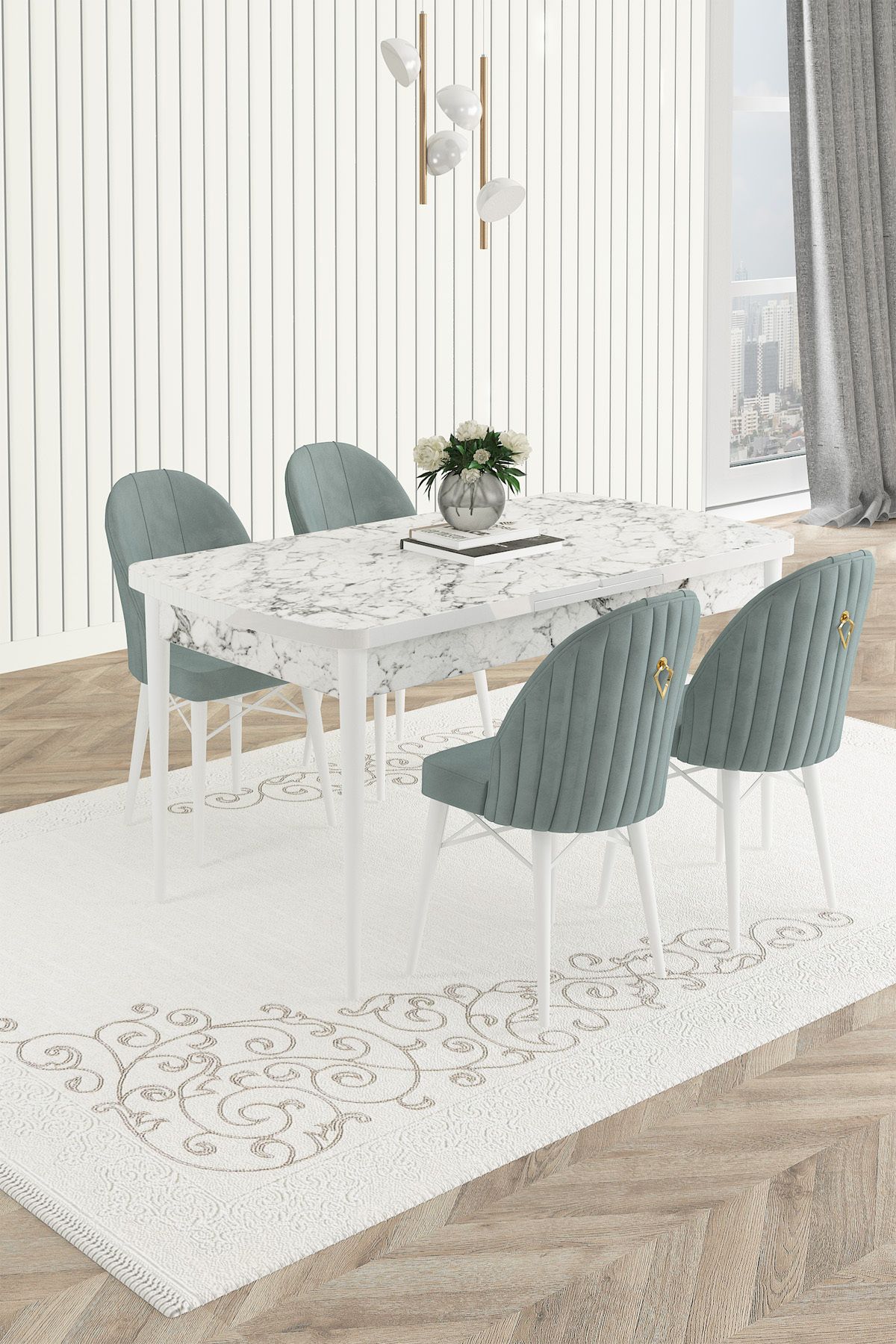 Haus concept MONACO Beyaz 80x132 Açılabilir Mutfak Masa Takımı ve Yemek Odası Takımı 4 Adet Sandalye