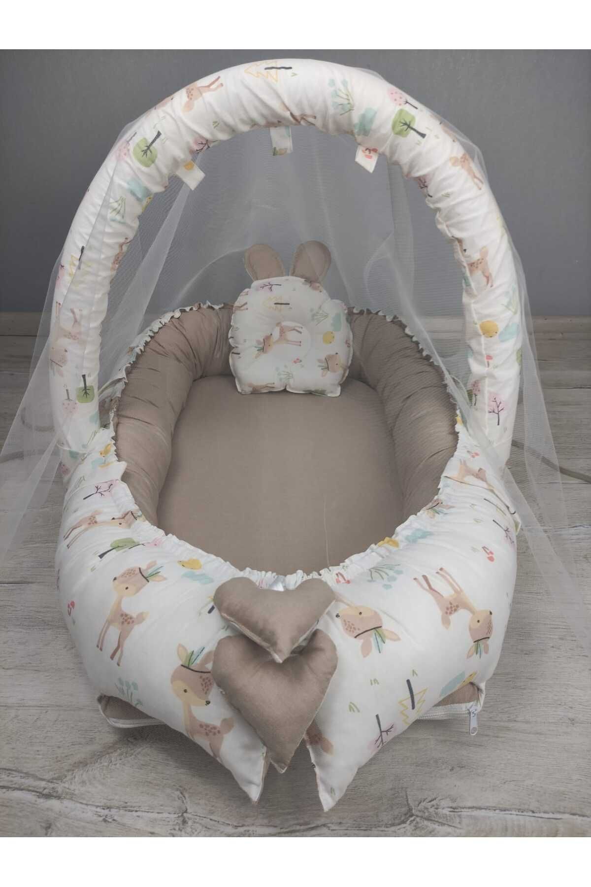 BABYNEST SEPETi Babynest, Cibinlik ve Oyuncak Asma Aparatı Tatlı Karaca Desen ve Bej Kombin Orijinal Bebek Yatağı