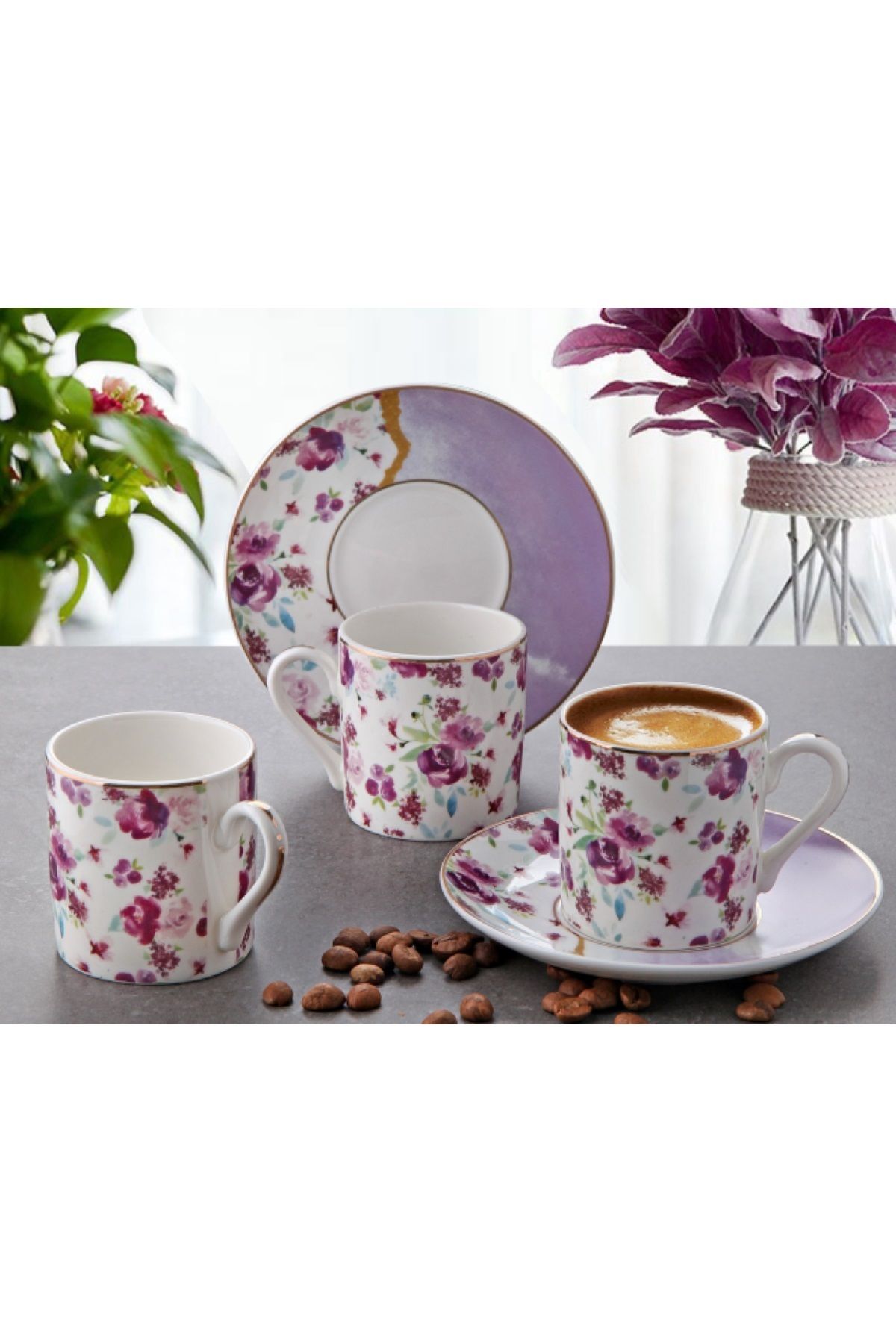 Pinkev 6 Kişilik Porselen Altın Yaldızlı Çiçek Desenli Renkli Kahve Fincanı Fincan Takımı Seti