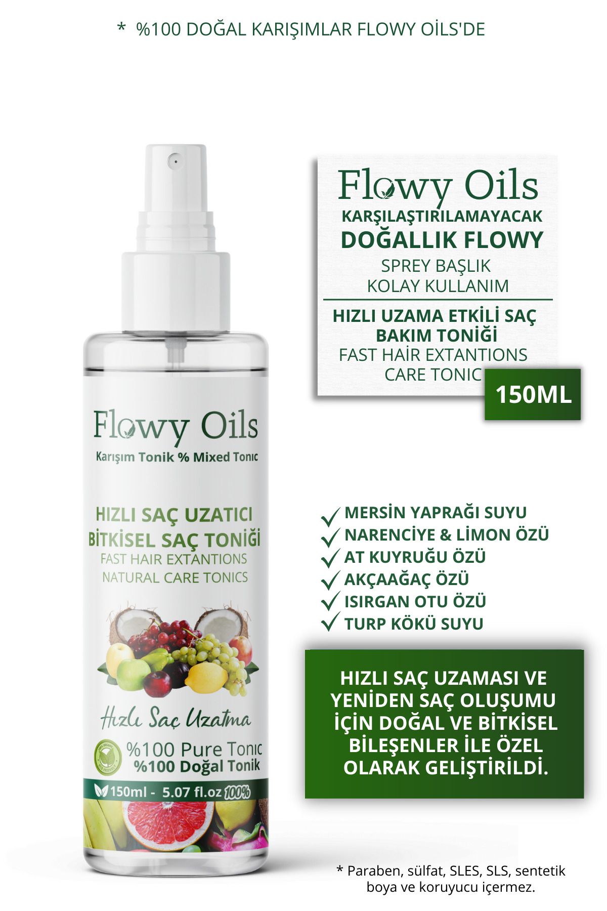 Flowy Oils Hızlı Saç Uzatma Yeni Saç Oluşumu Etkili %100 Doğal Ve Bitkisel Saç Toniği Sprey 150ml