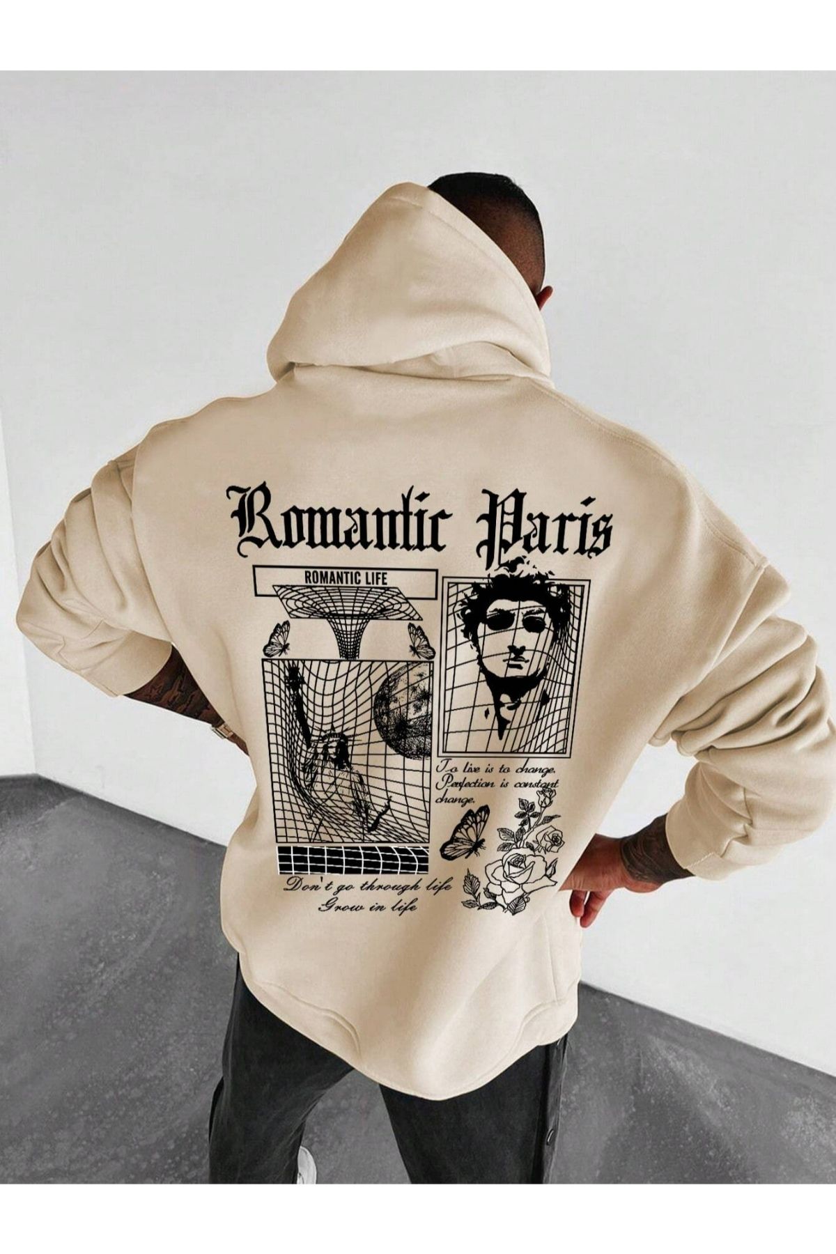 Black Sokak Bej Romantic Paris Baskılı Oversize Kapüşonlu Erkek Sweatshirt