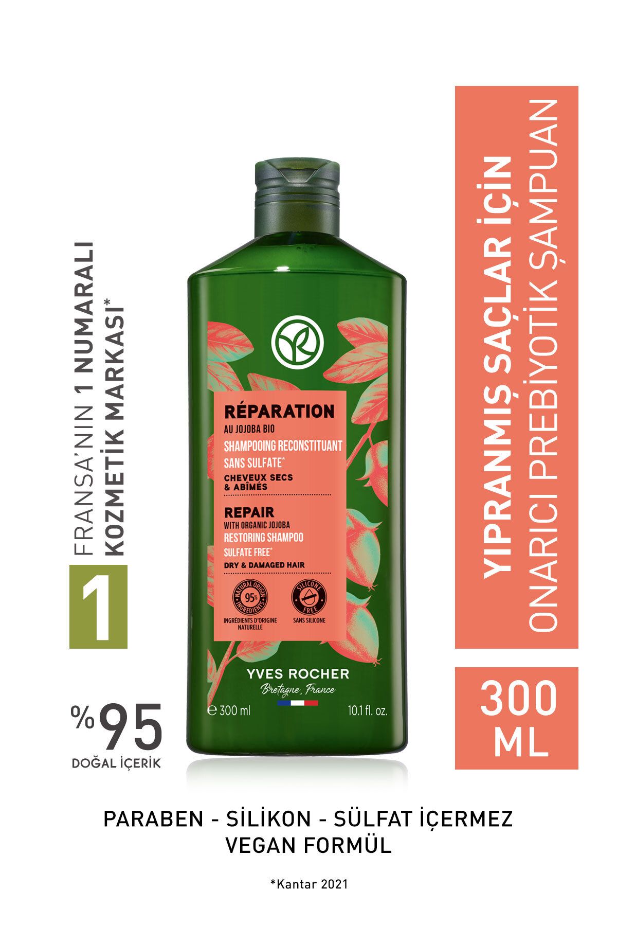 Yves Rocher Yıpranmış Saçlar İçin (Reparation) Onarıcı Prebiyotik Şampuan - Sülfatsız & Tuzsuz & Vegan-300 ml