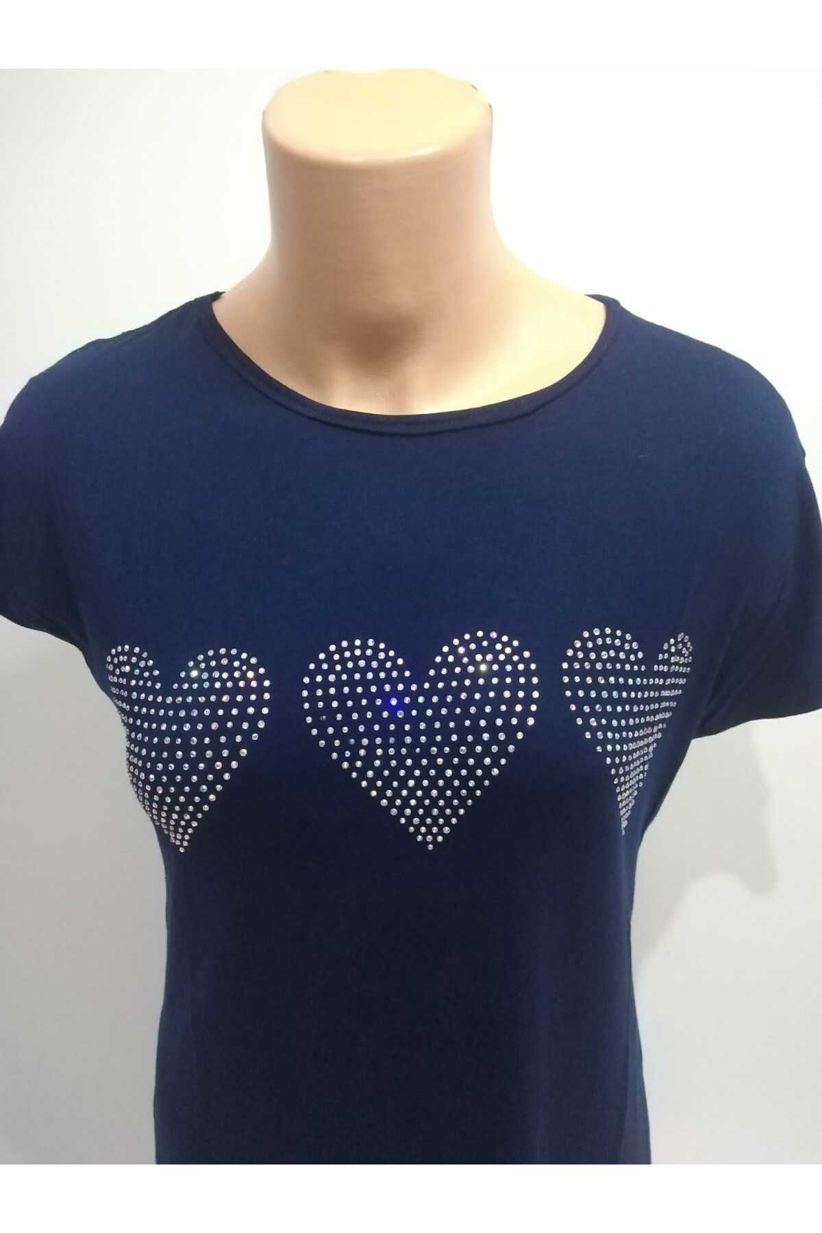 RELYA Kadın Lacivert Önü Kalp Desen Taşlı Kısa Yarasa Kol Viskon Tshirt
