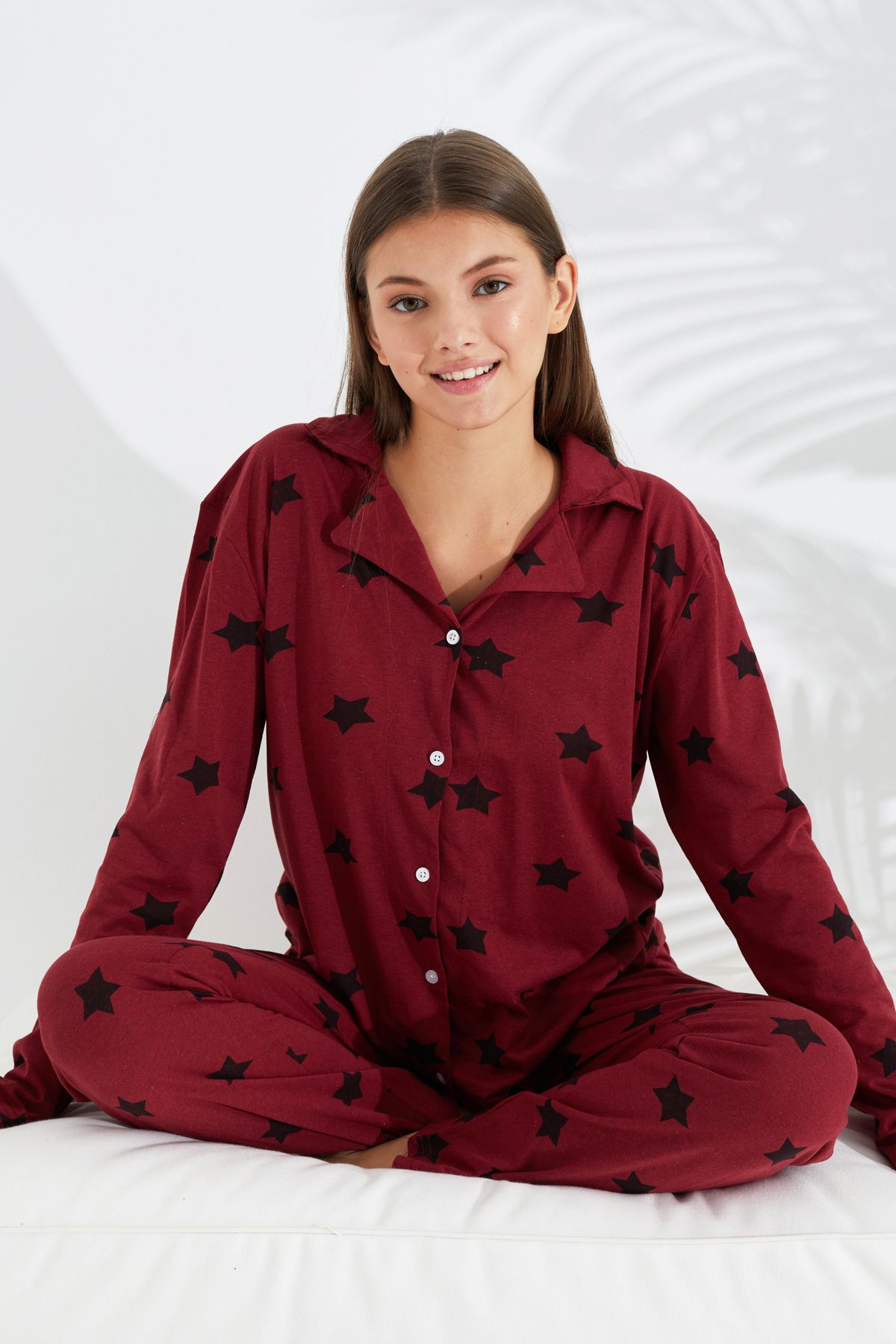 Siyah İnci bordo yıldız desenli Pamuklu Düğmeli Pijama Takımı