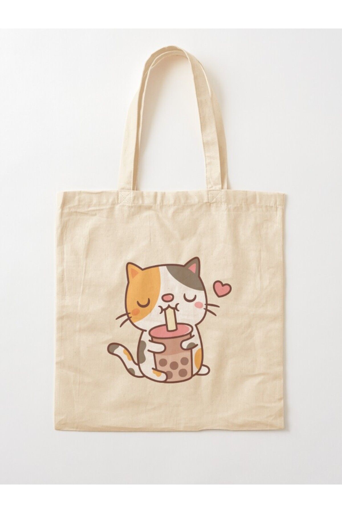 w house Körüklü Bez Omuz Çantası 09886 - Cute Calico Cat Loves Drinking Boba Tea