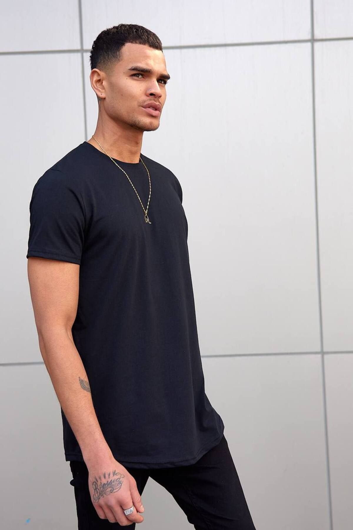 SKYBEAR Erkek Siyah Düz Basic Slim Fit T-shirt