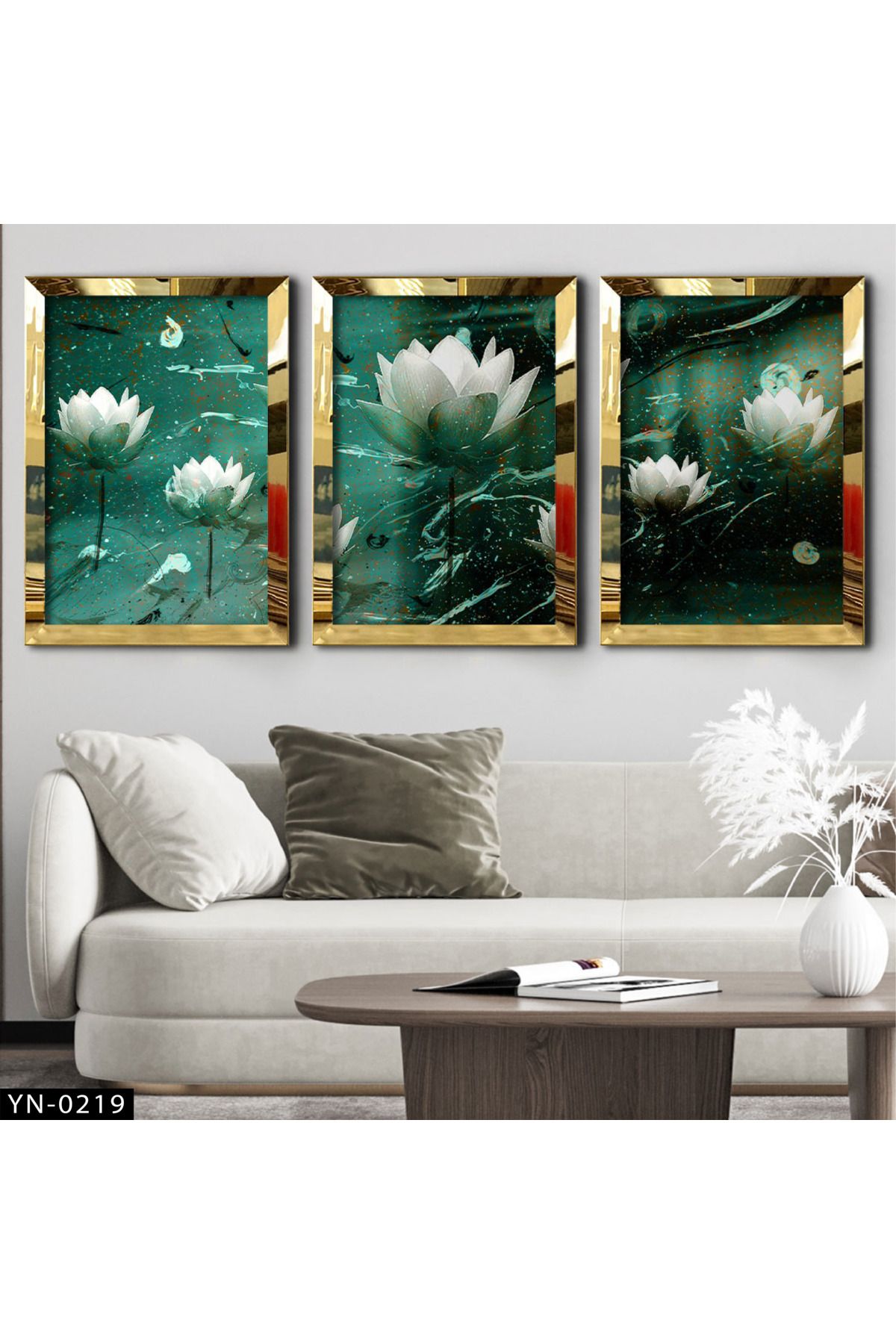 hanhomeart Yeşil Zeminli Beyaz Çiçekler - Gold Ayna Çerçeveli Tablo 3'lü Set-hyn-0219