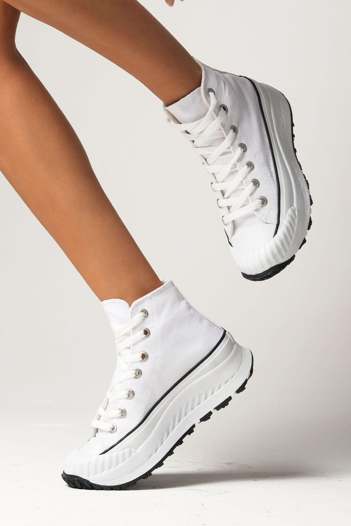 Mio Gusto Bendis Beyaz Renk Keten Kalın Tabanlı Yüksek Bilekli Günlük Kadın Sneaker Ayakkabı