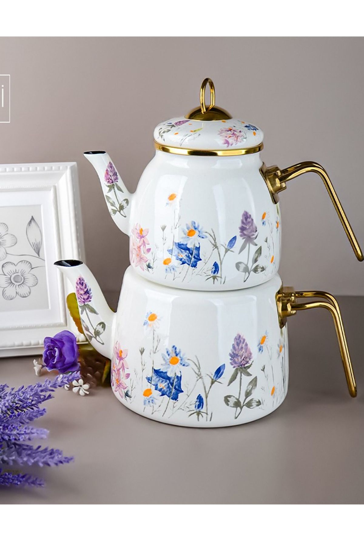 PORLİSTAN Çiçekli Emaye Çaydanlık Takımı,bahar Desen Çiçekli Gold Saplı Emaye Çaydanlık