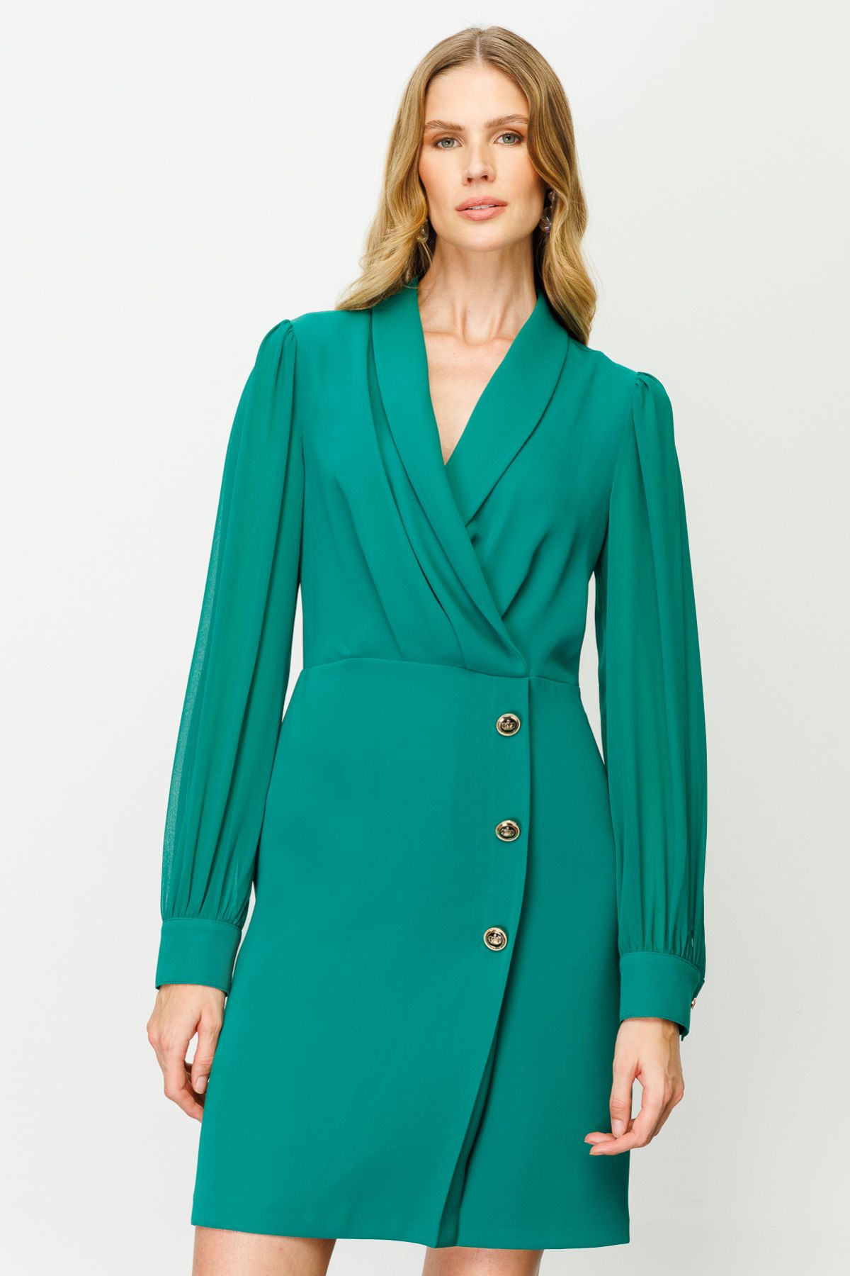 Ekol Kruvaze Yaka Yeşil Kadın Elbise 23205001