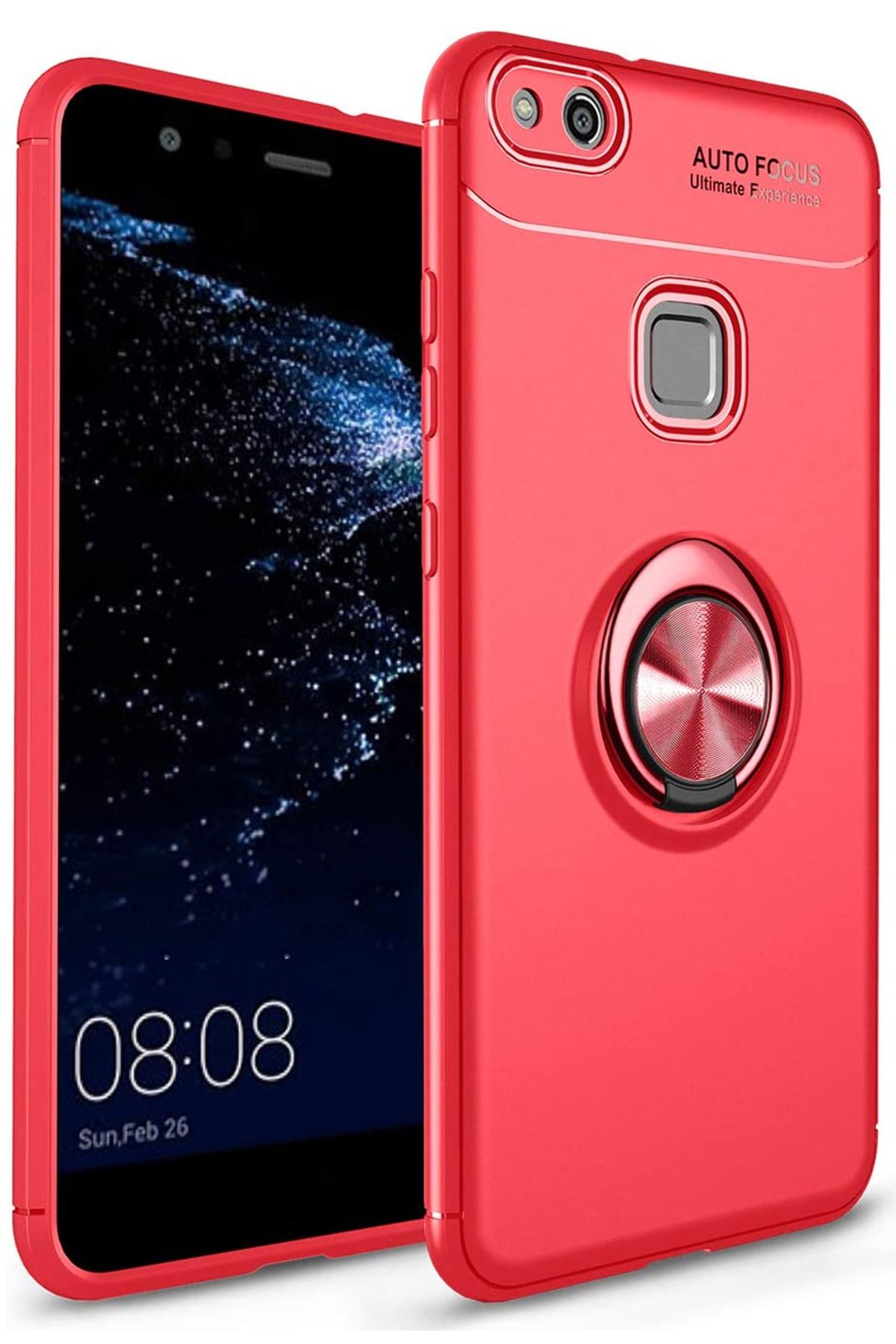 Moraksesuar Huawei P10 Lite Kılıf Yüzüklü Standlı Tam Koruma Silikon Kırmızı