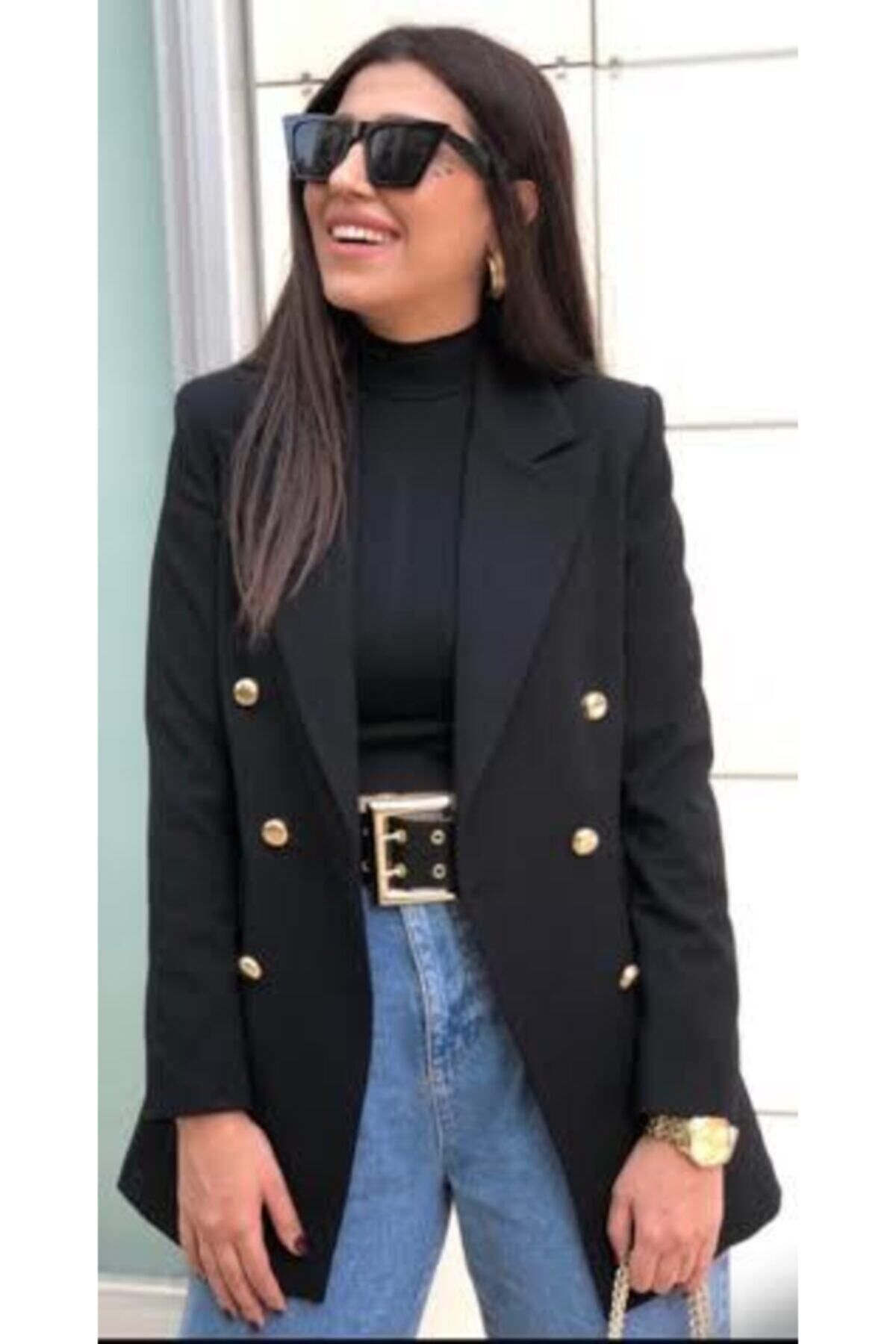 Ashley Uzun Gold Düğmeli Siyah Blazer Ceket