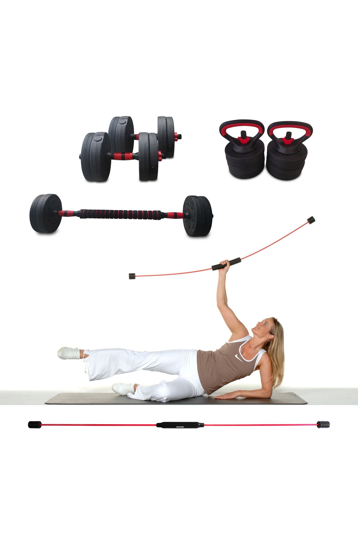 Dynamic Çok Fonksiyonlu Halter-Dumbell Set (15 kg) ve Flex Bar Egzersiz Çubuğu
