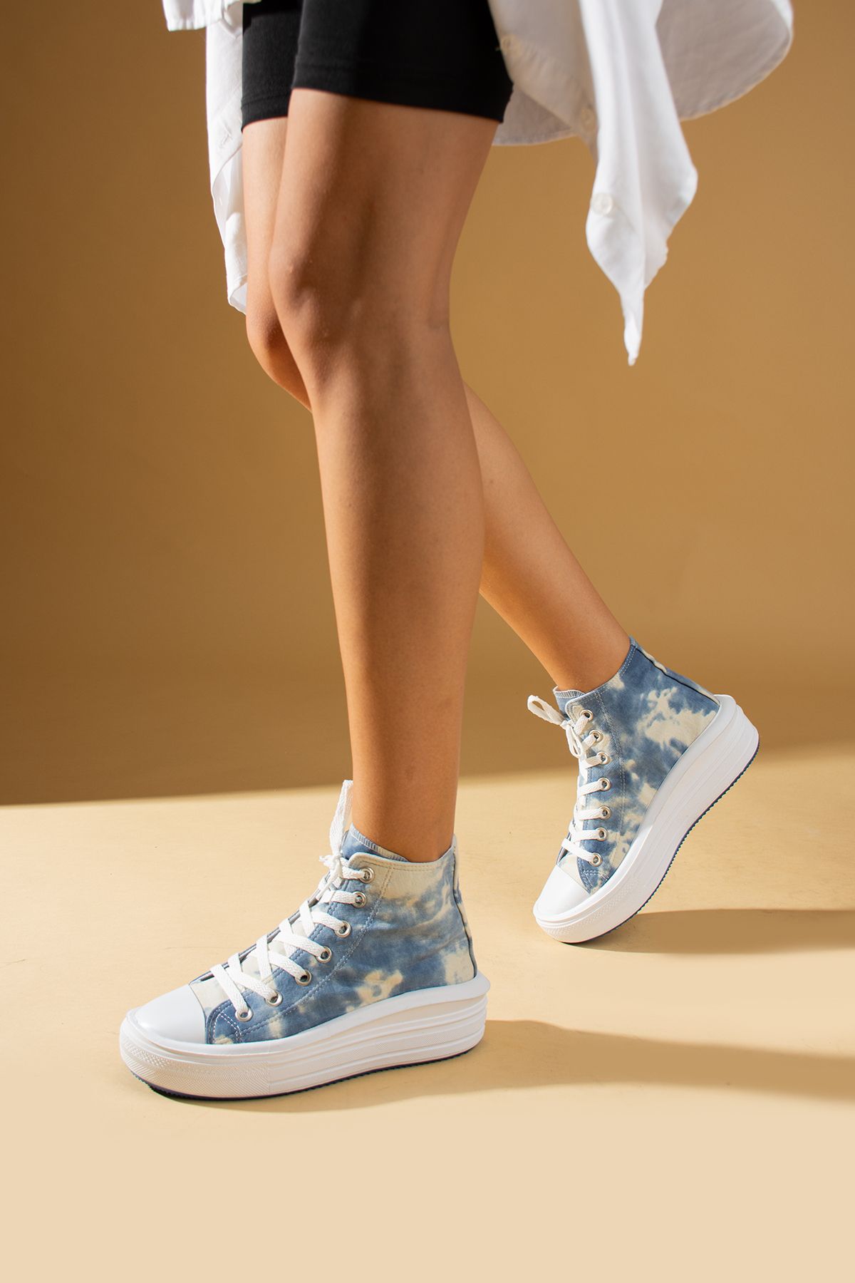 Pembe Potin Kadın Beyaz Unisex Yüksek Taban Boğazlı Convers Model Keten Sneaker