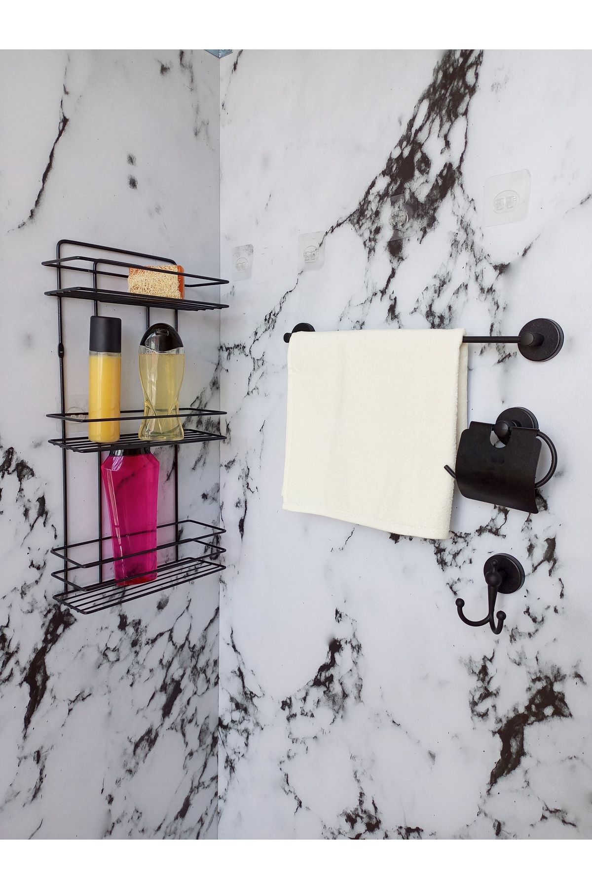 Egem Home Üç Katlı Banyo Rafı, Şampuanlık Siyah, Uzun Havluluk Tuvalet Kağıtlığı Bornozluk