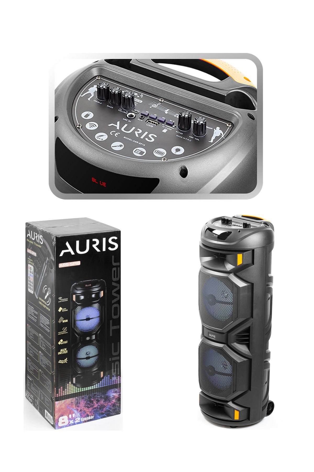 Auris 24w Parti 8x2 Inç Taşınabilir Rgb Renkli Kumandalı Mikrofonlu Büyük Boy Karaoke Bluetooth Hoparlör