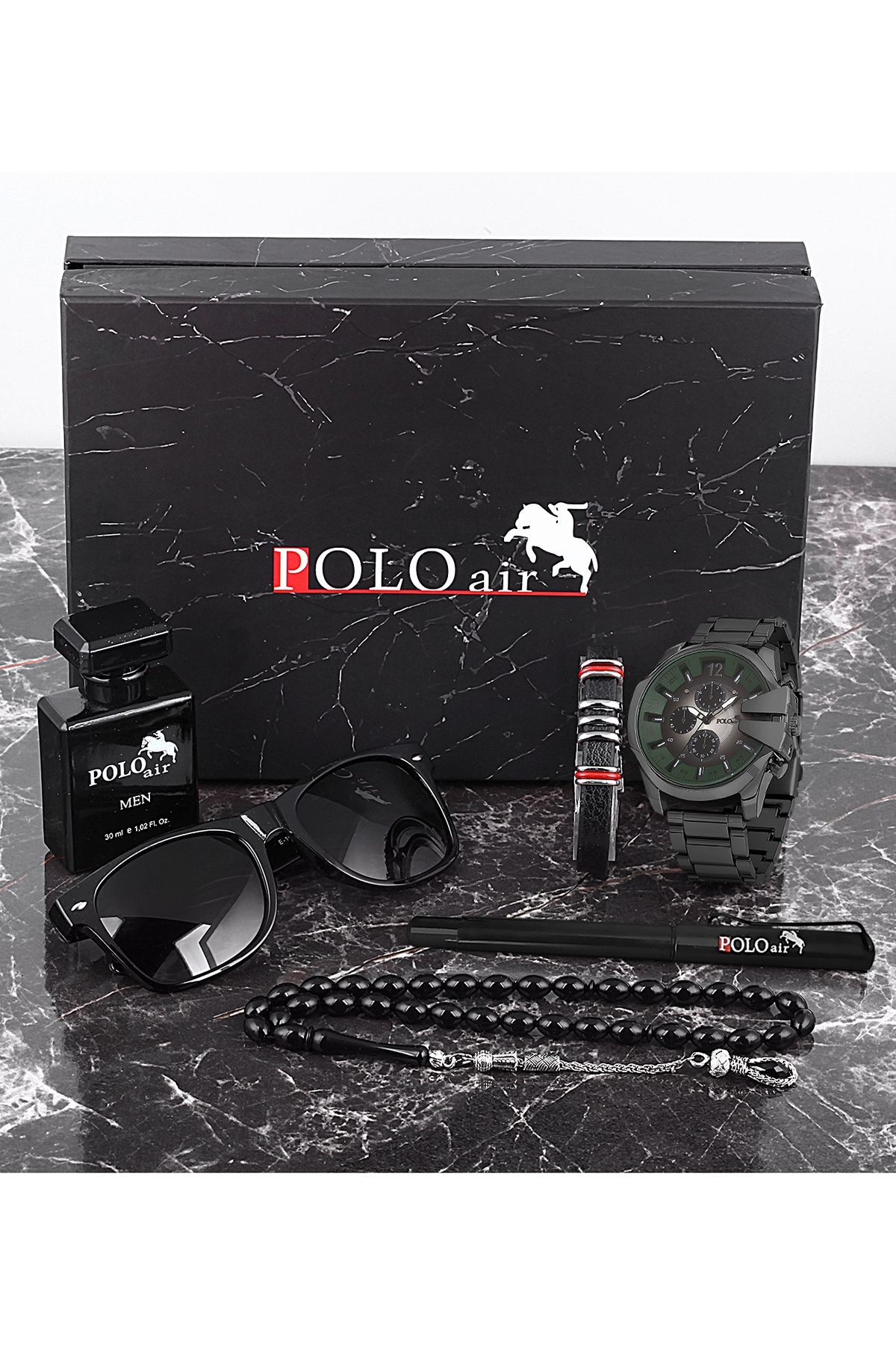 polo air Erkek Set Saat Gözlük Parfüm Tesbih Kalem Bileklik Özel Kutulu Siyah-Yeşil Renk