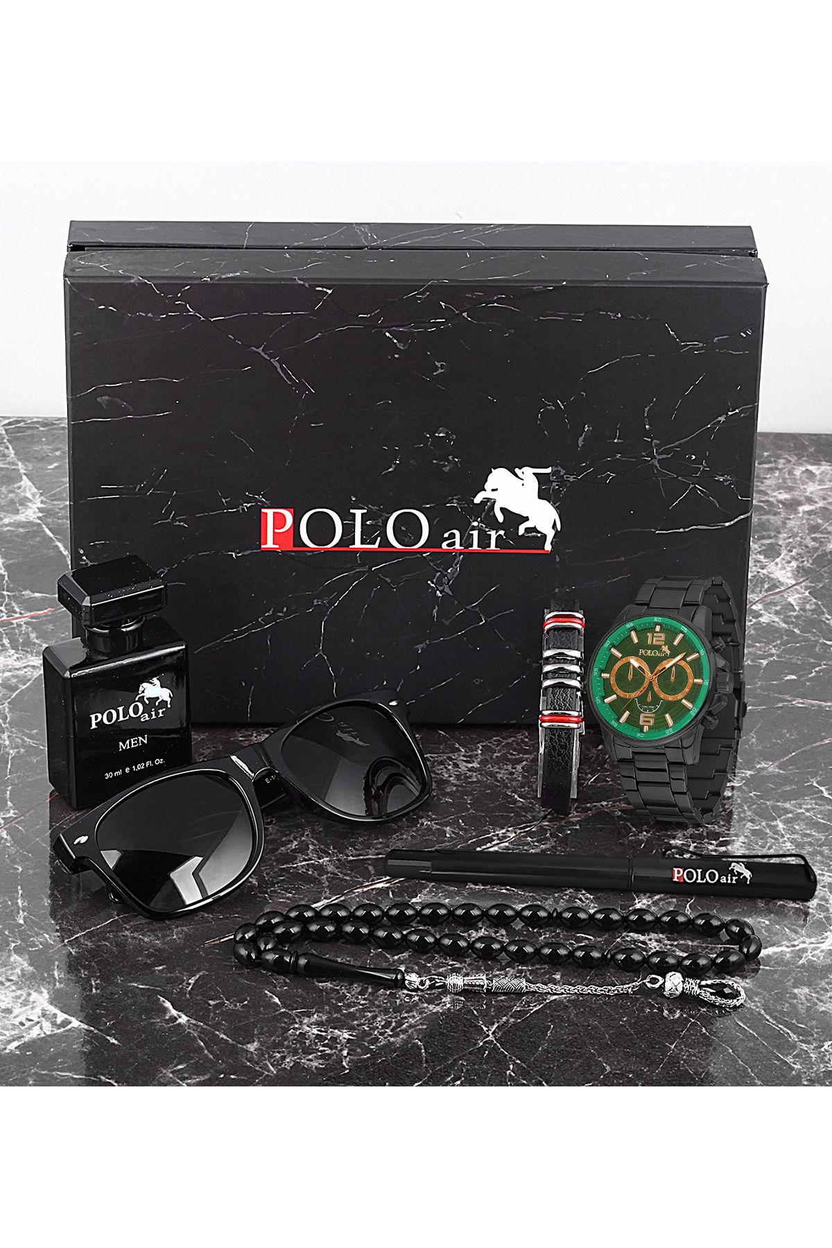 polo air Erkek Set Saat Gözlük Parfüm Tesbih Kalem Bileklik Özel Kutulu Siyah-İçi Yeşil