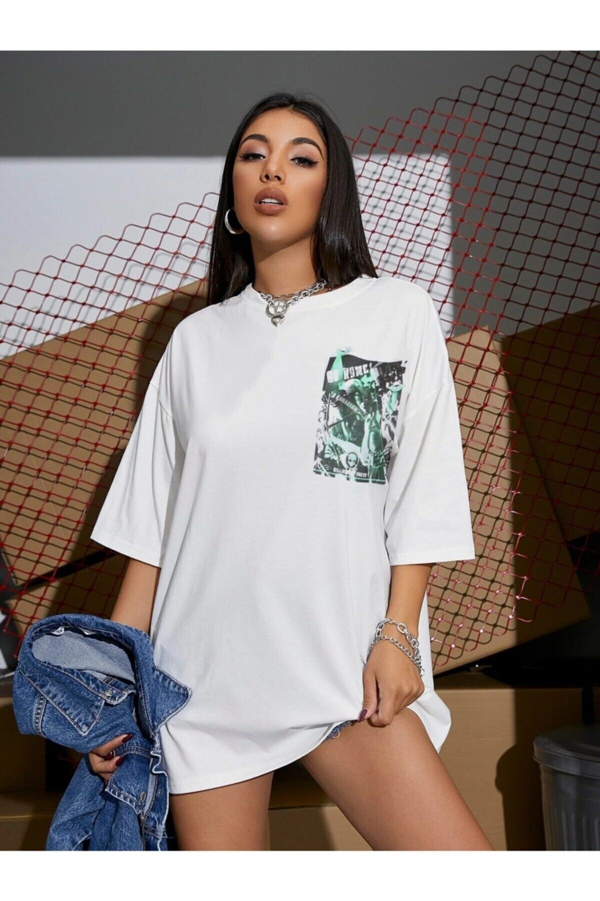 Teenage Millionaire Kadın Beyaz Go Home Baskılı Oversize T-shirt - K19717