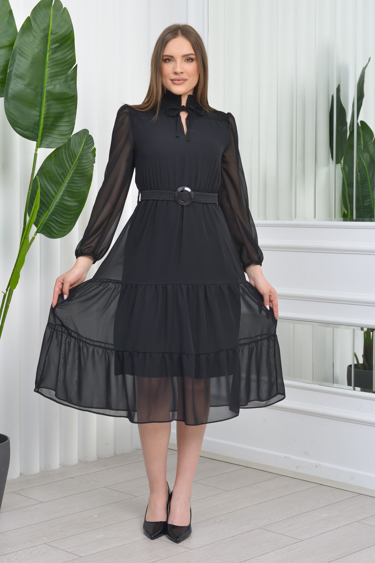 Neşeli Butik Kadın Kemerli Midi Boy Gipeli Şifon Elbise Nb7156 - Siyah