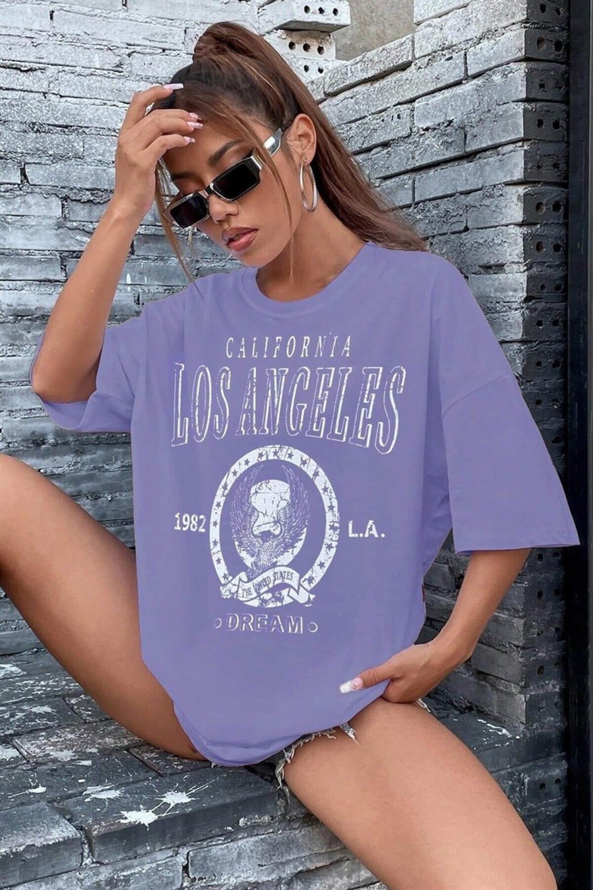 Teenage Millionaire Kadın Lila Melange Oversize Los Angeles Baskılı T-shirt - K2109