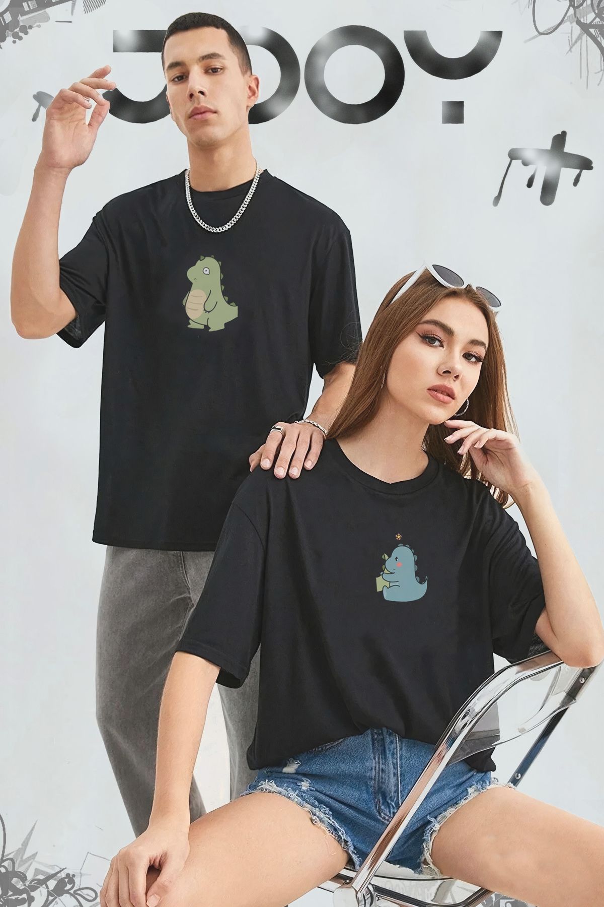 Jooy Company Sevimli Dinazor Tasarım Çift Kombini Siyah Oversize Tshirt 2'li Set