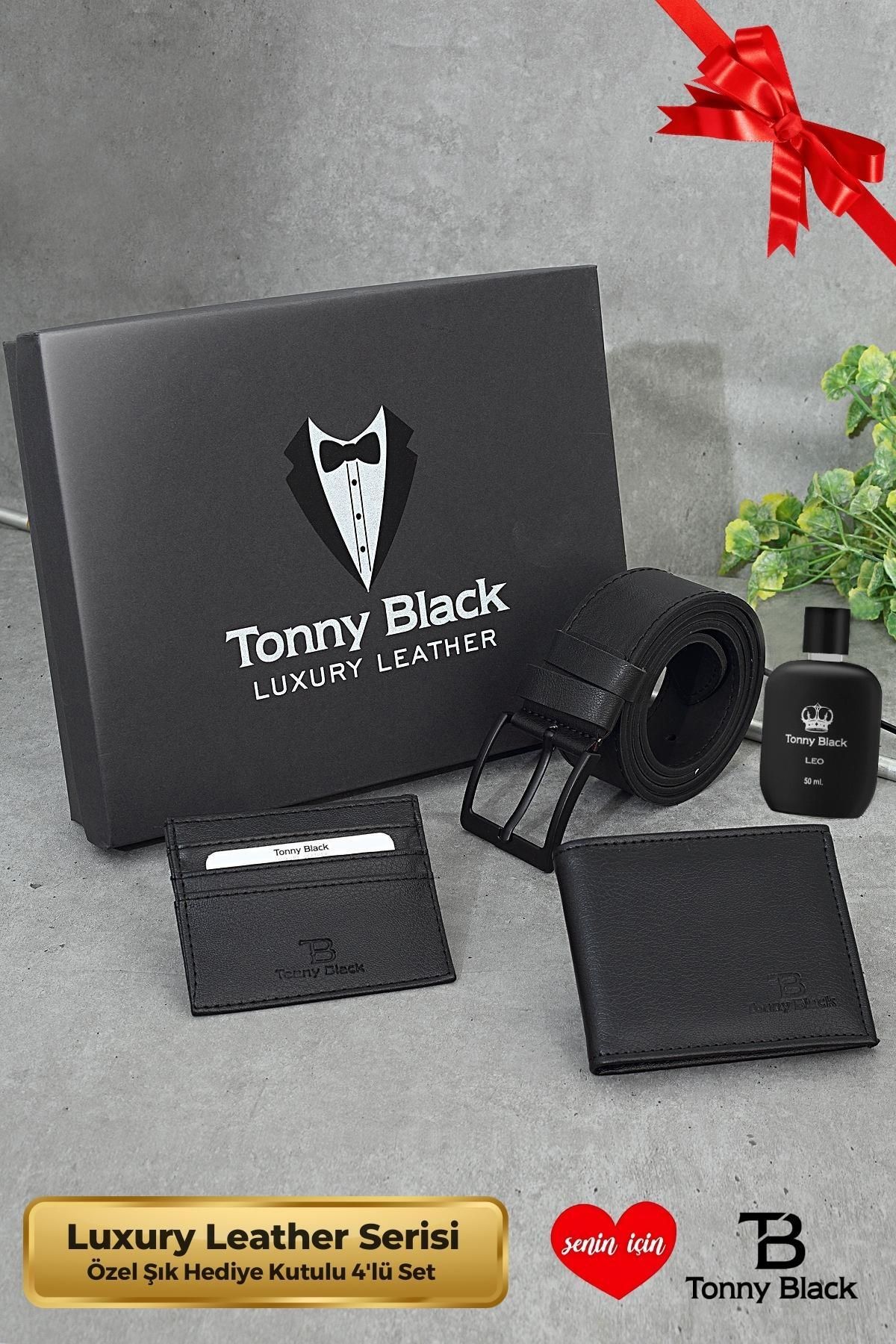 Tonny Black Orijinal Erkek 4'lü Hediye Kutulu Luxury Serisi Damat Hediyelik Deri Kemer Cüzdan Kartlık Parfüm Set