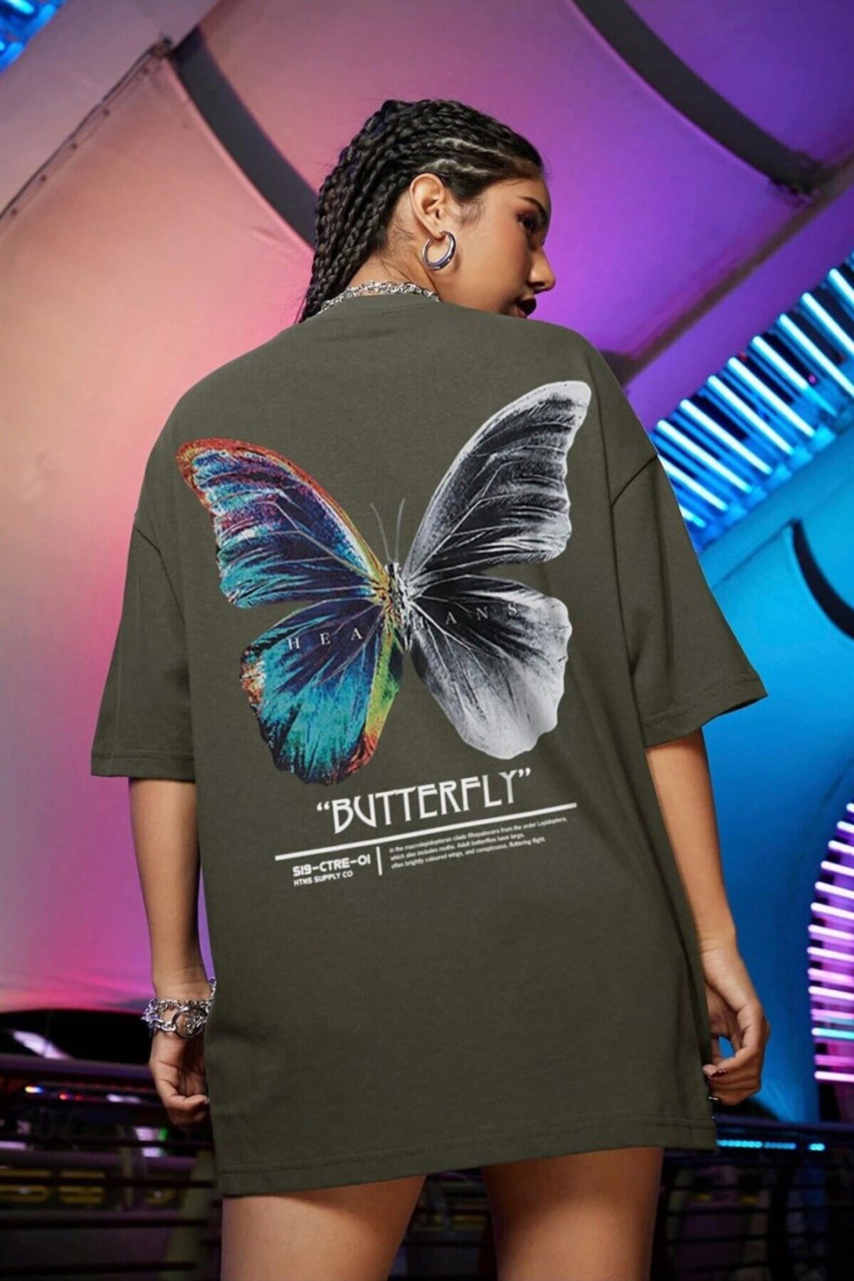 Teenage Millionaire Kadın Haki Butterfly Oversize T-shirt - K2116