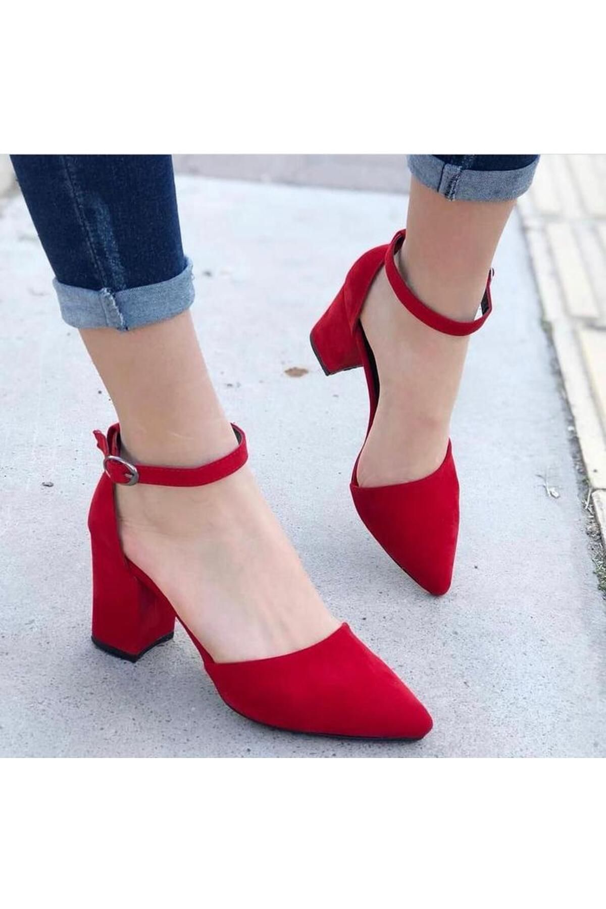 Demashoes Kadın Kırmızı Süet Topuklu Ayakkabı