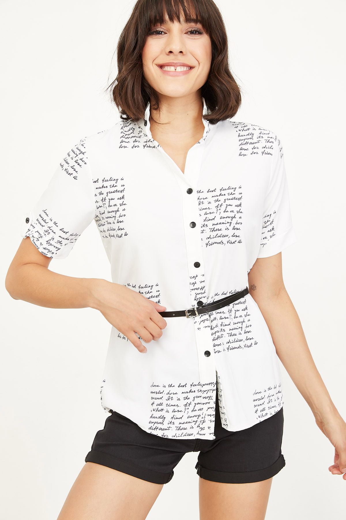 Lafaba Kadın Beyaz Yazı Baskılı Gömlek