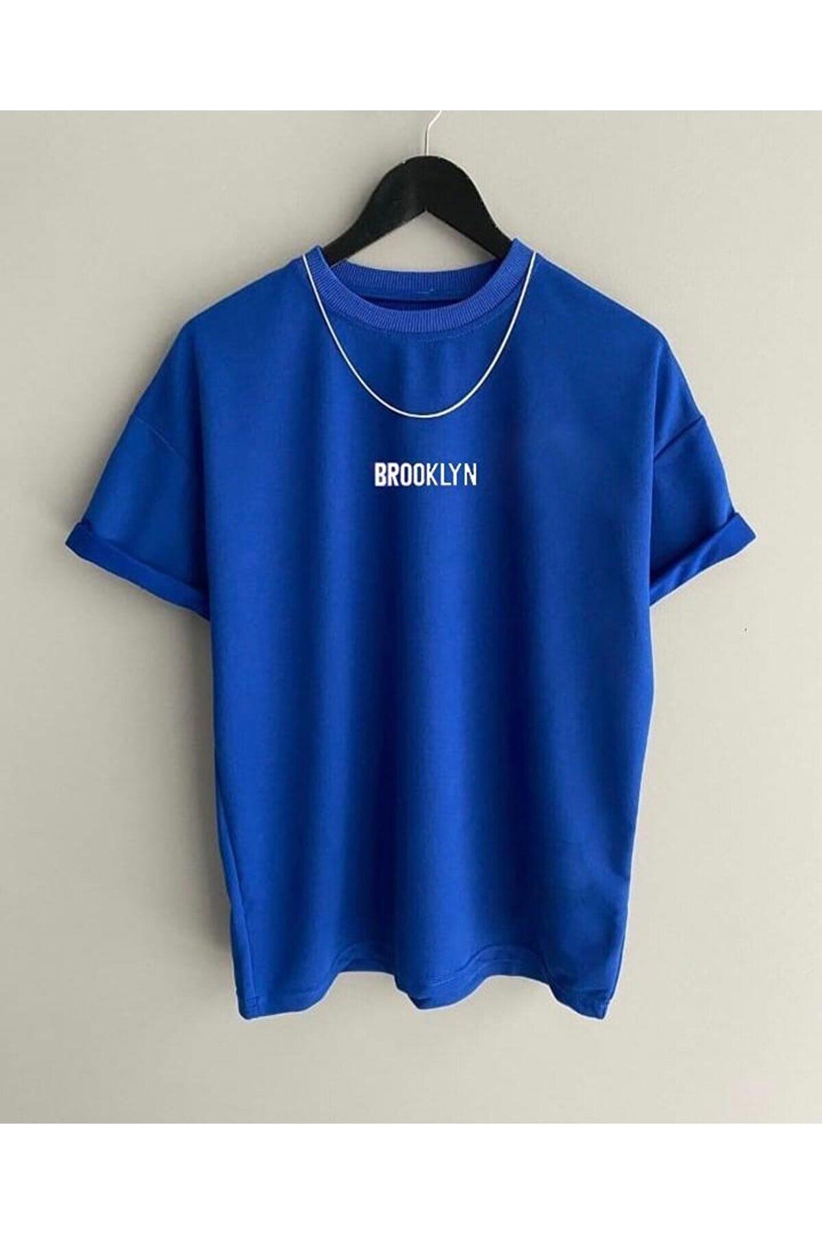 Black Sokak Blacksokak Erkek Mavi Brooklyn Baskılı Oversize Bisiklet Yaka Kısa Kollu Tshirt