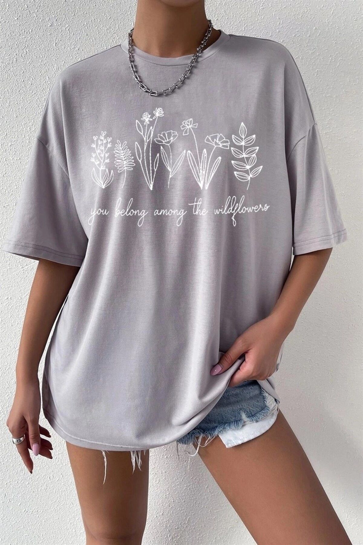 Teenage Millionaire Kadın Gri Wildflowers Oversize T-shirt - K2195