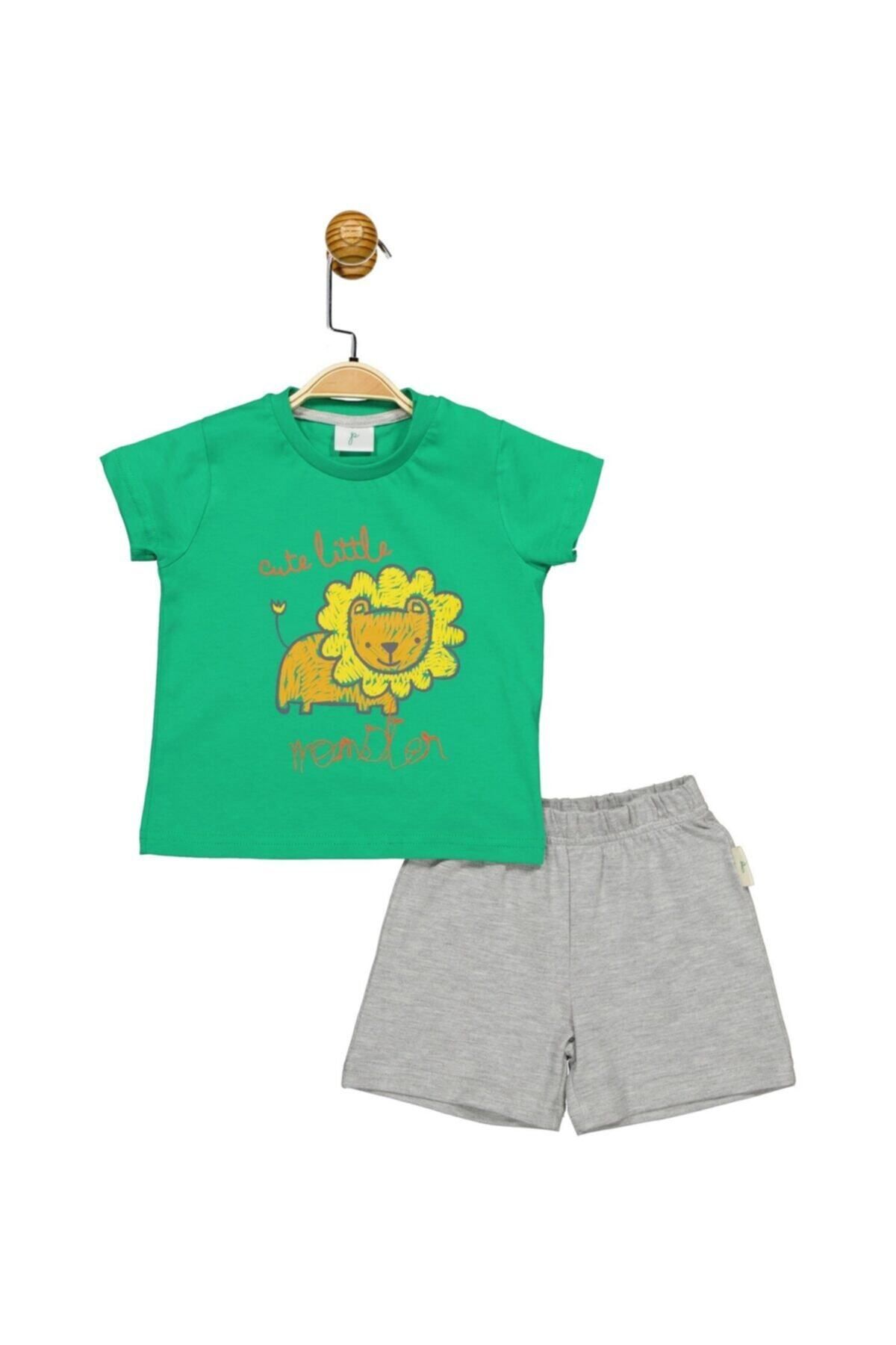 Panolino Erkek Bebek Yeşil Renk T-shirt Gri Renk Şort Alt Üst 2'li Takım 18266