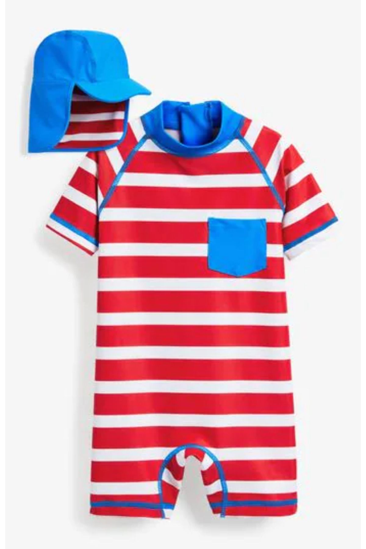 Next Baby Erkek Çocuk 50+upf Korumalı Kırmızı Mavi Çizgili Tulum Mayo - Şapka Seti