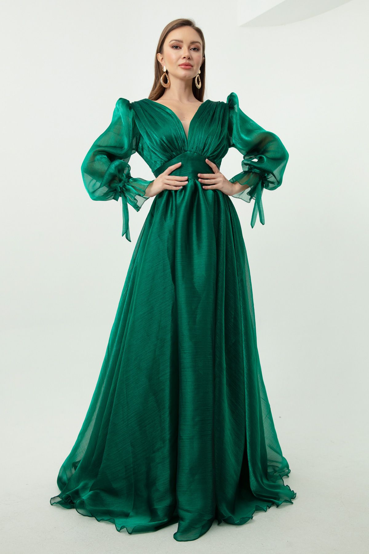 OFZE Kadın Zümrüt Yeşili Balon Kol V Yaka Uzun Abiye Elbise