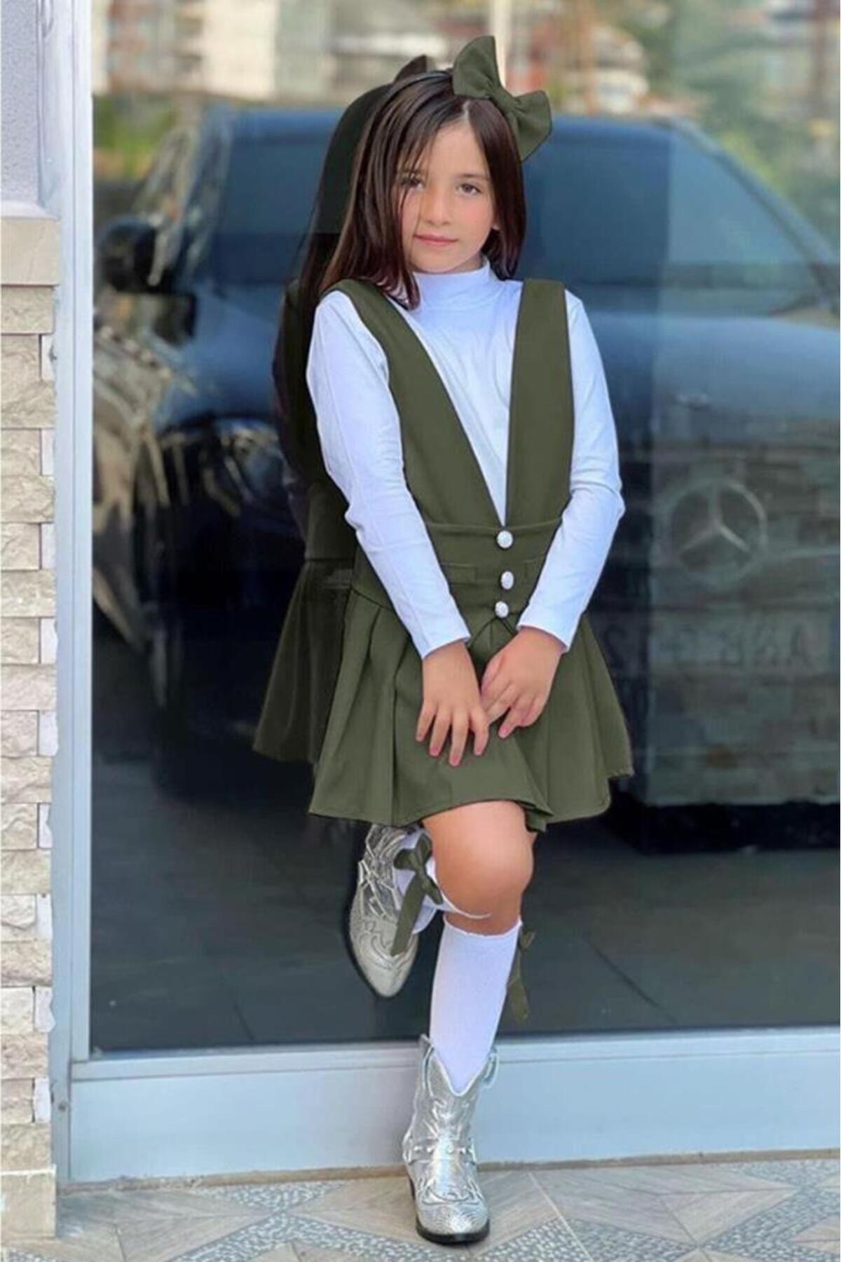 Riccotarz Kız Çocuk Önü Düğmeli Cep Detaylı Eteği Fırfırlı Salopet Yeşil Elbise
