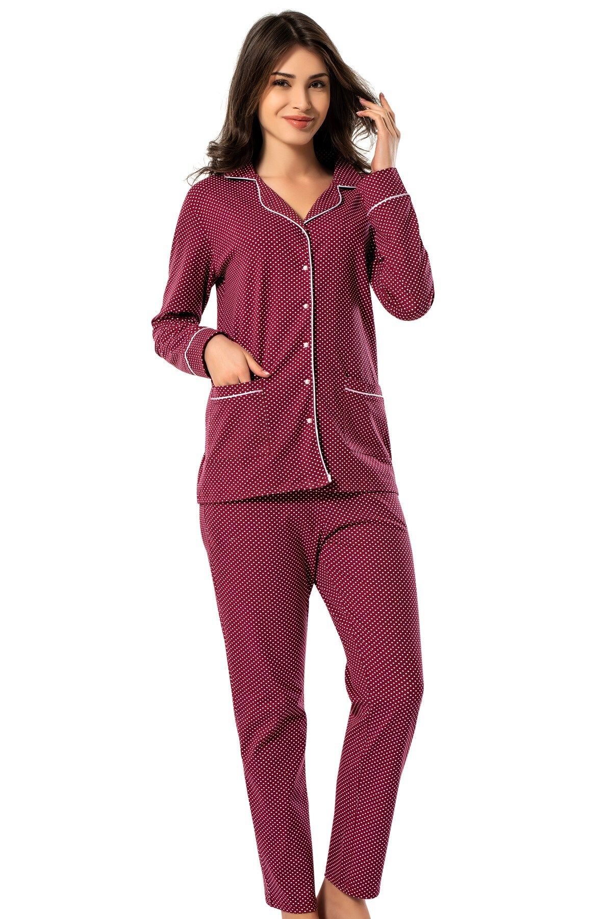 ERDEM İÇ GİYİM 8607b Bordo Erdem Kışlık Puantiyeli Pijama