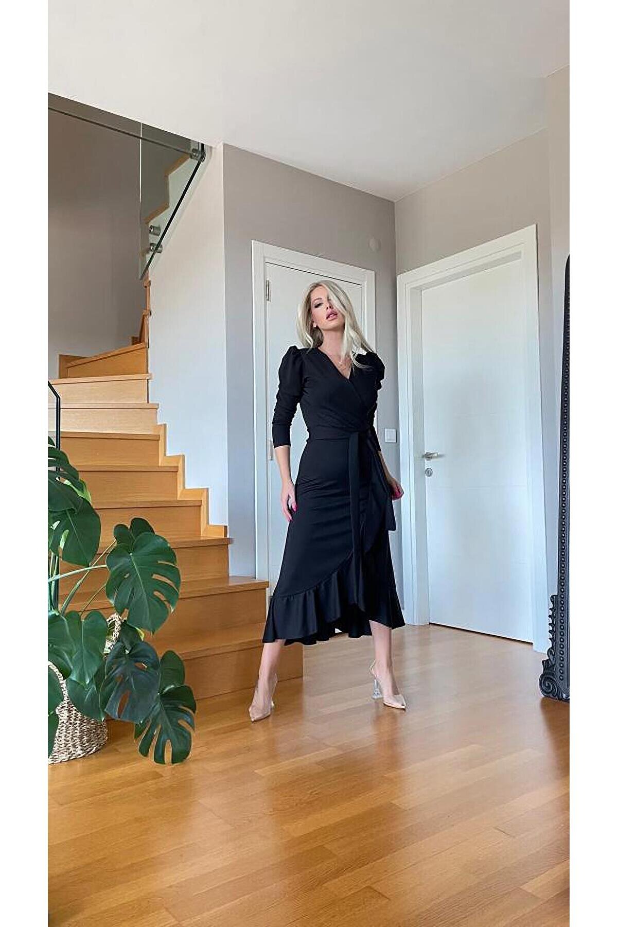 Trendusfashion Uzun Kollu Krep Kumaş Elbise