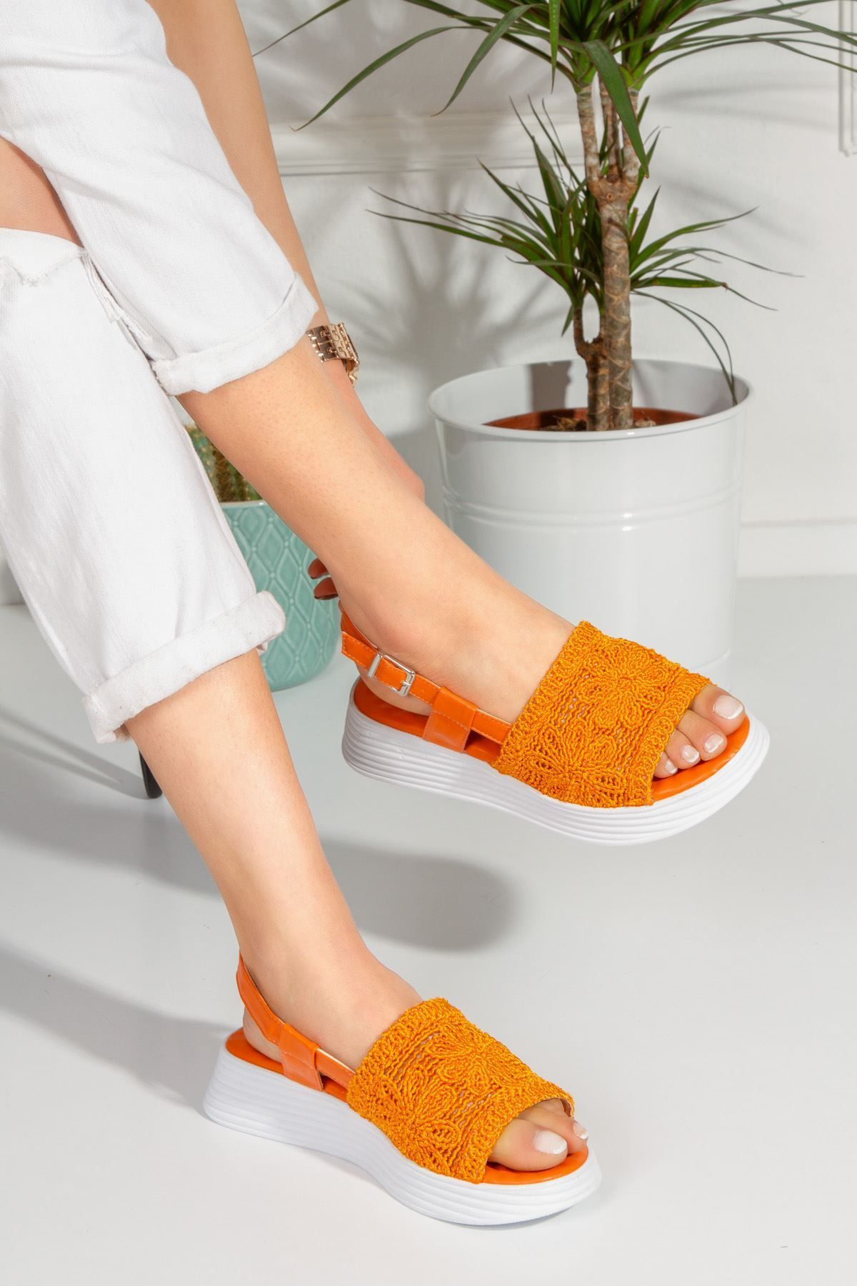 derithy Triko Örgü Yumuşak Poli Taban Comfort Tokalı Ortapedik Sandalet Yazlık Ayakkabı-orange-ptm0200
