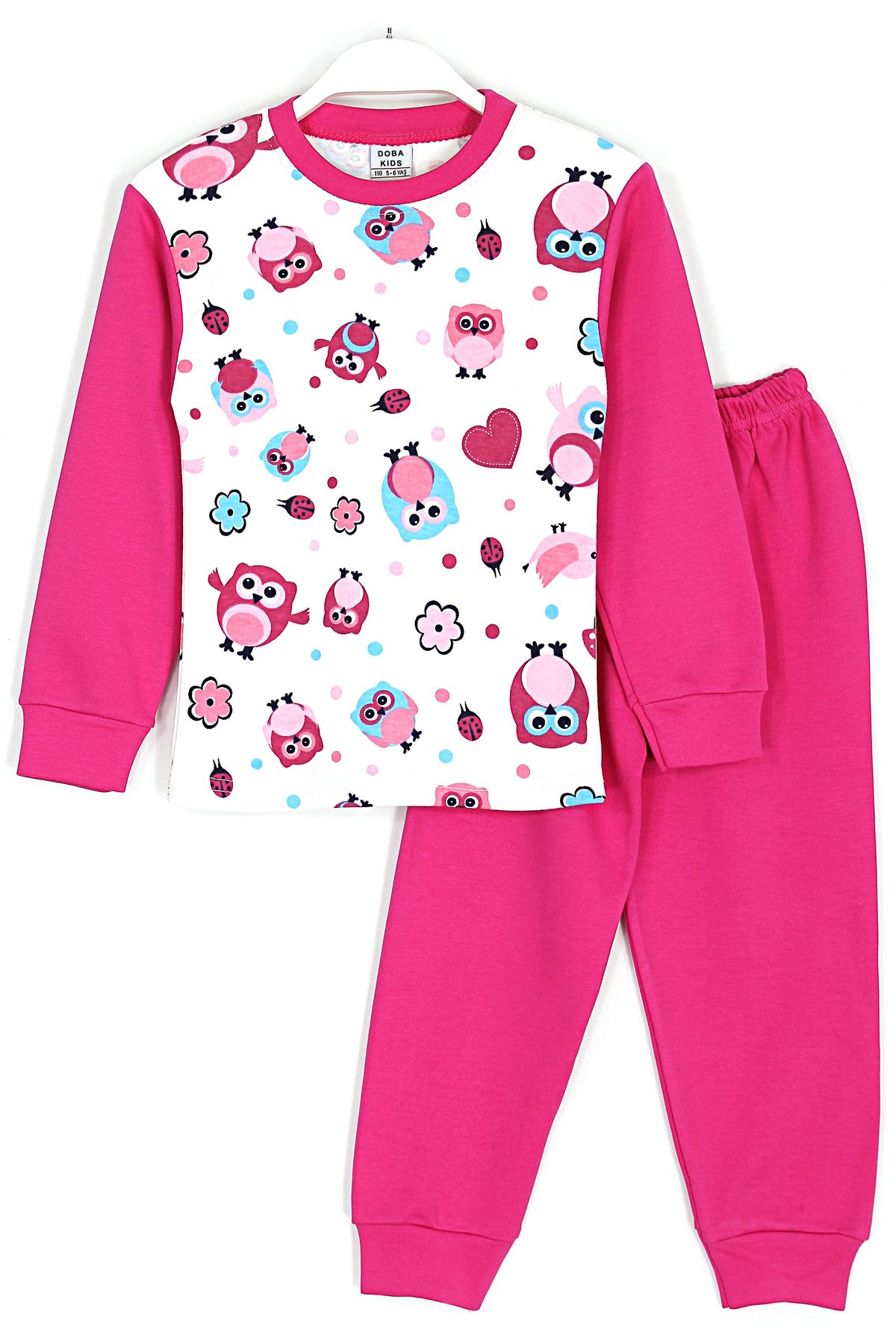 DobaKids Kuş Desenli Pamuklu Kız Çocuk Pijama Takımı 4 - 10 Yaş Aralığı Koyu Pembe