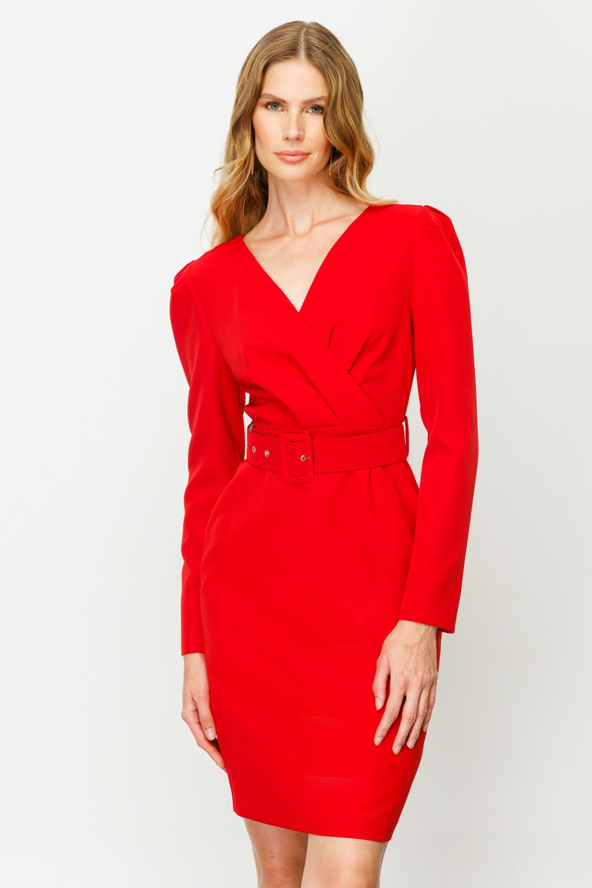 Ekol Kadın Kruvaze Kemerli Elbise 5025 Kırmızı