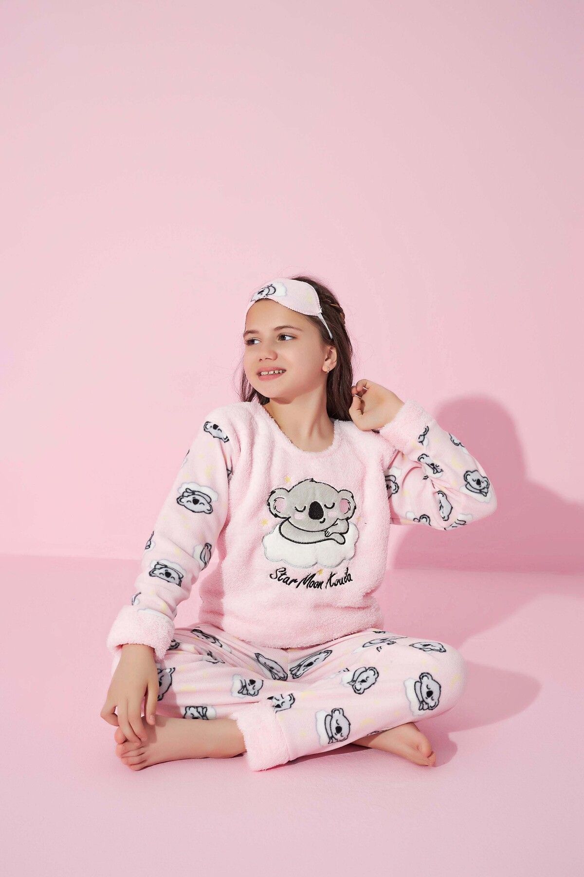 Tarık Kız Genç VE Çocuk Koala Desenli Uzun Kollu Polar Peluş Kumaş Kışlık Sıcak Tutan Pijama Takımı