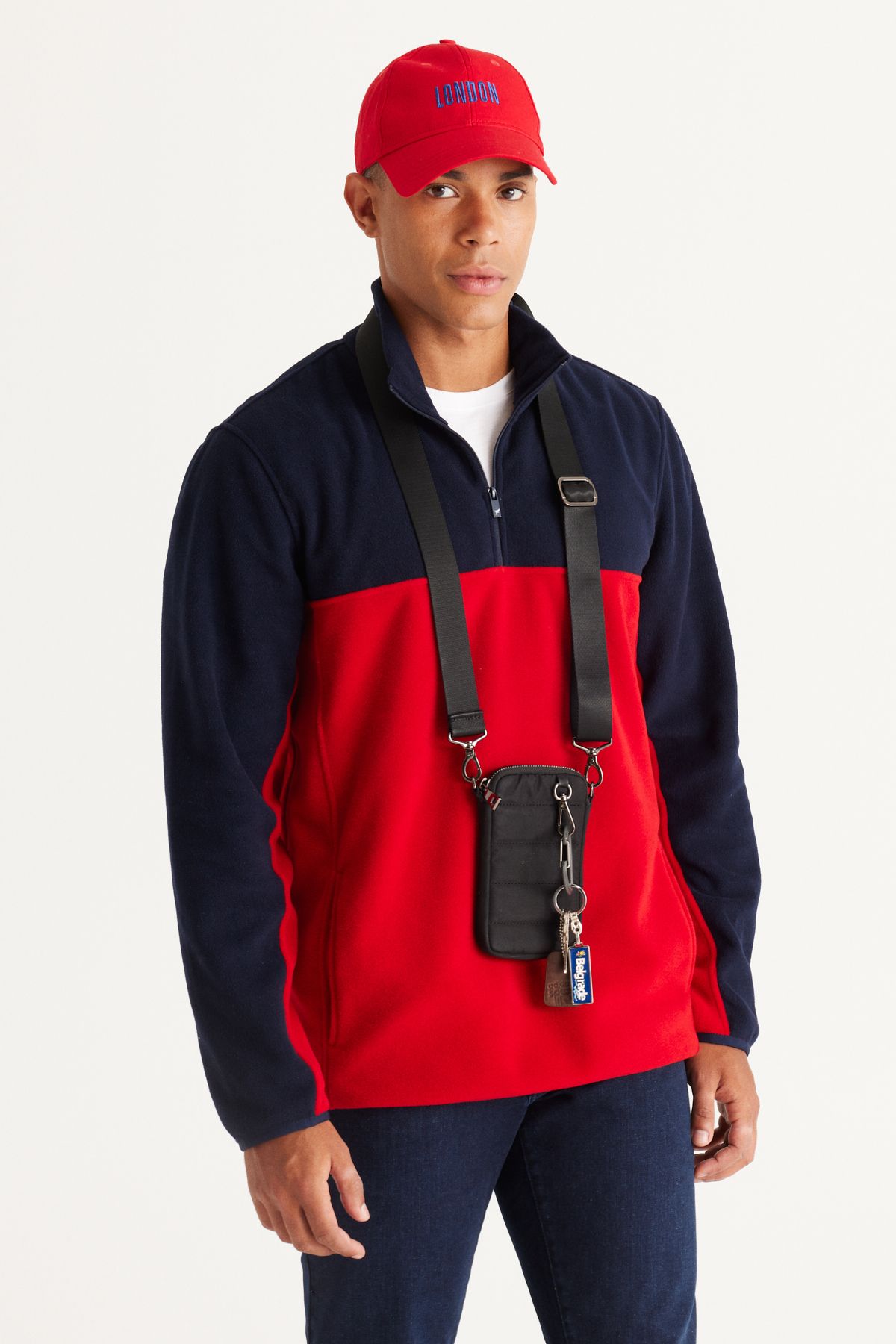 AC&Co / Altınyıldız Classics Erkek Lacivert-kırmızı Standart Fit Normal Kesim Günlük Rahat Çift Renkli Polar Spor Sweatshirt