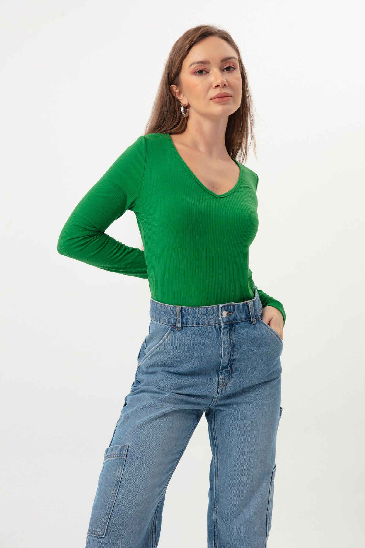 Lafaba Kadın Yeşil V Yakalı Örme Bluz
