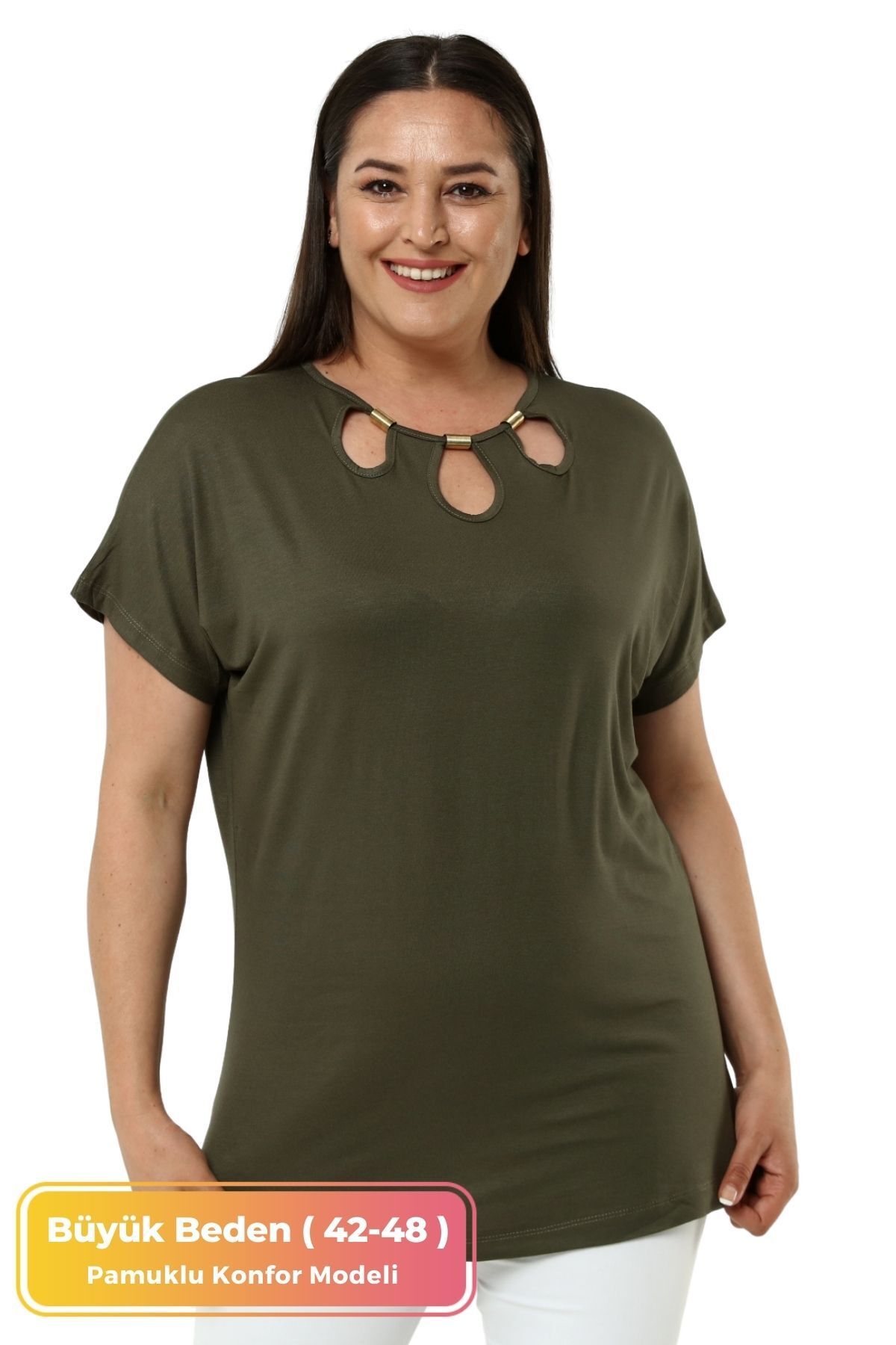 tarzımsüper Büyük Beden Konfor Modeli Şık Yaka Detaylı Pamuklu Curve Kısa Kollu Anne Yazlık Abiye Tunik T-shirt