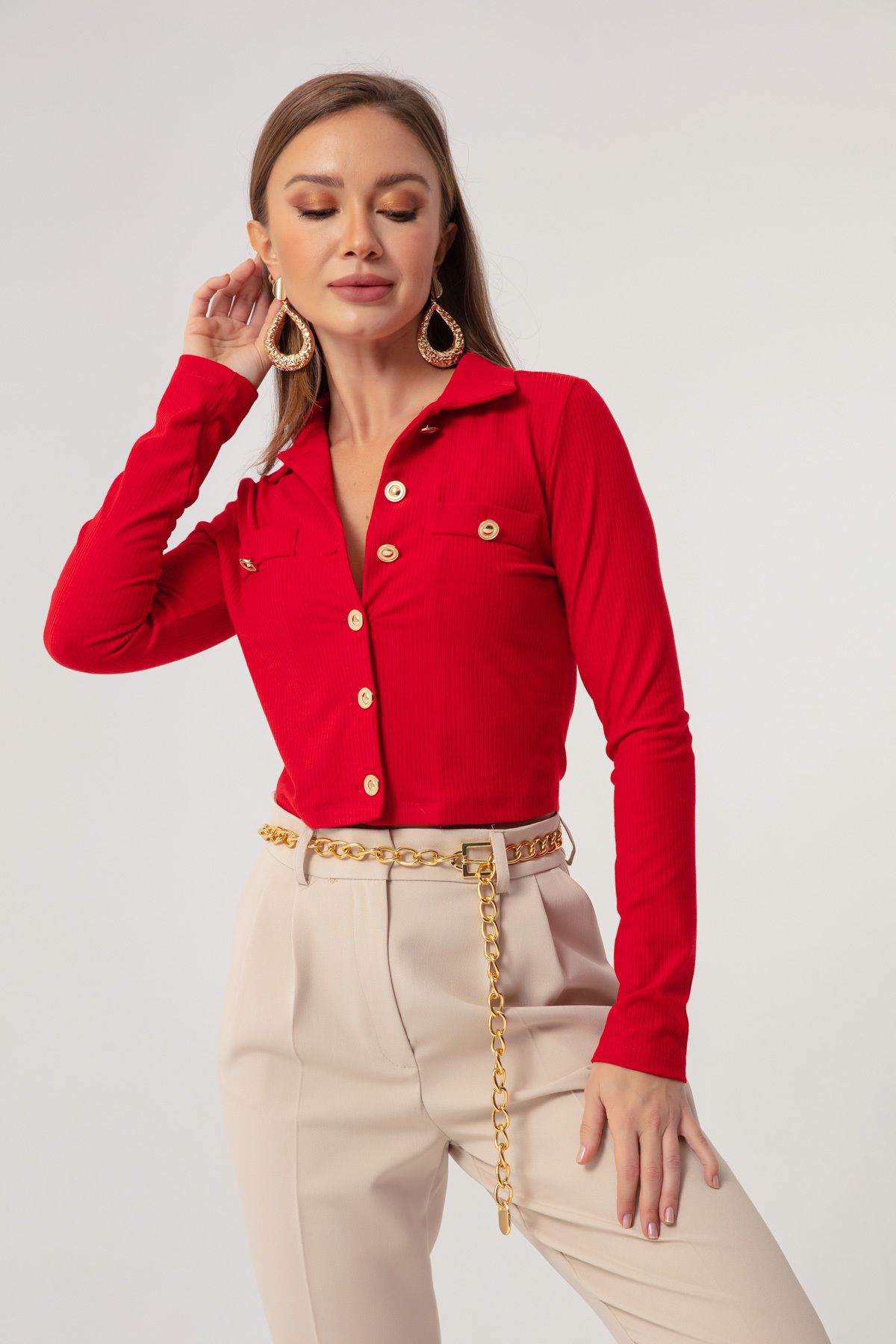 Lafaba Kadın Kırmızı Düğmeli Kısa Örme Bluz