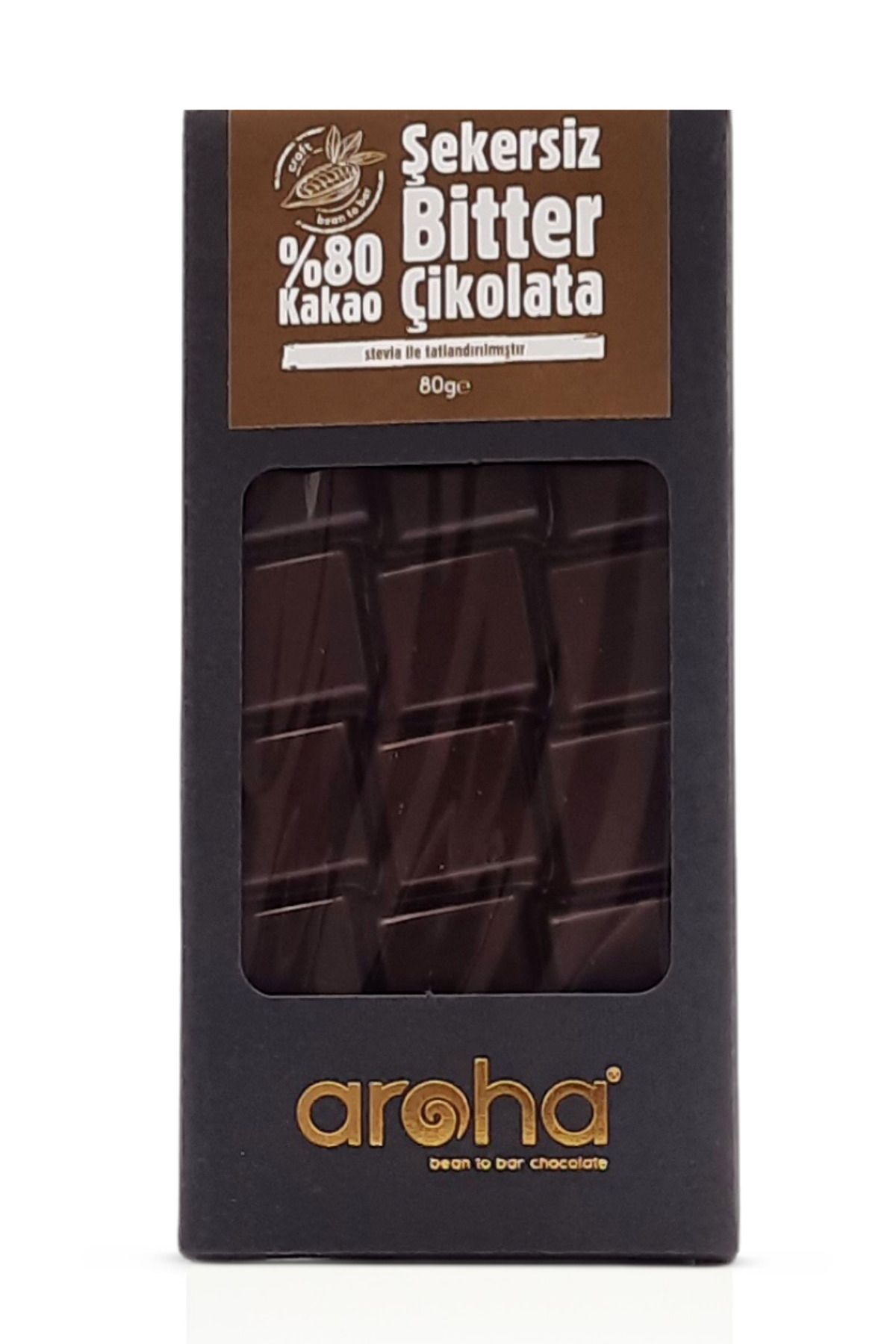 AROHA Stevialı %80 Bitter Şekersiz Diyet Çikolata (ketojenik, Vegan, Glutensiz)- (80 Gr.)