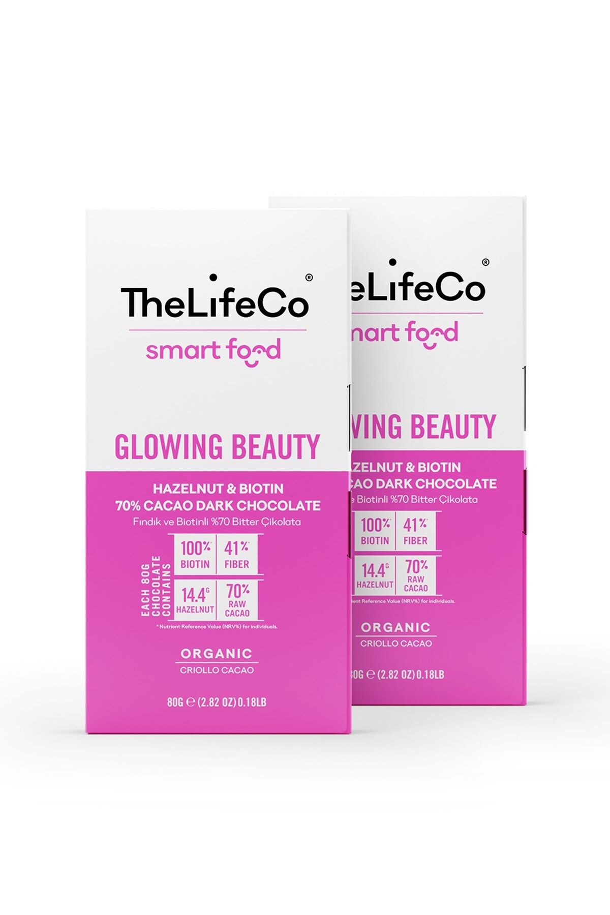 TheLifeCo Smartfood Glowing Beauty Çikolata - Organik Fındık ve Biotinli %70 Bitter Çikolata 80 g x