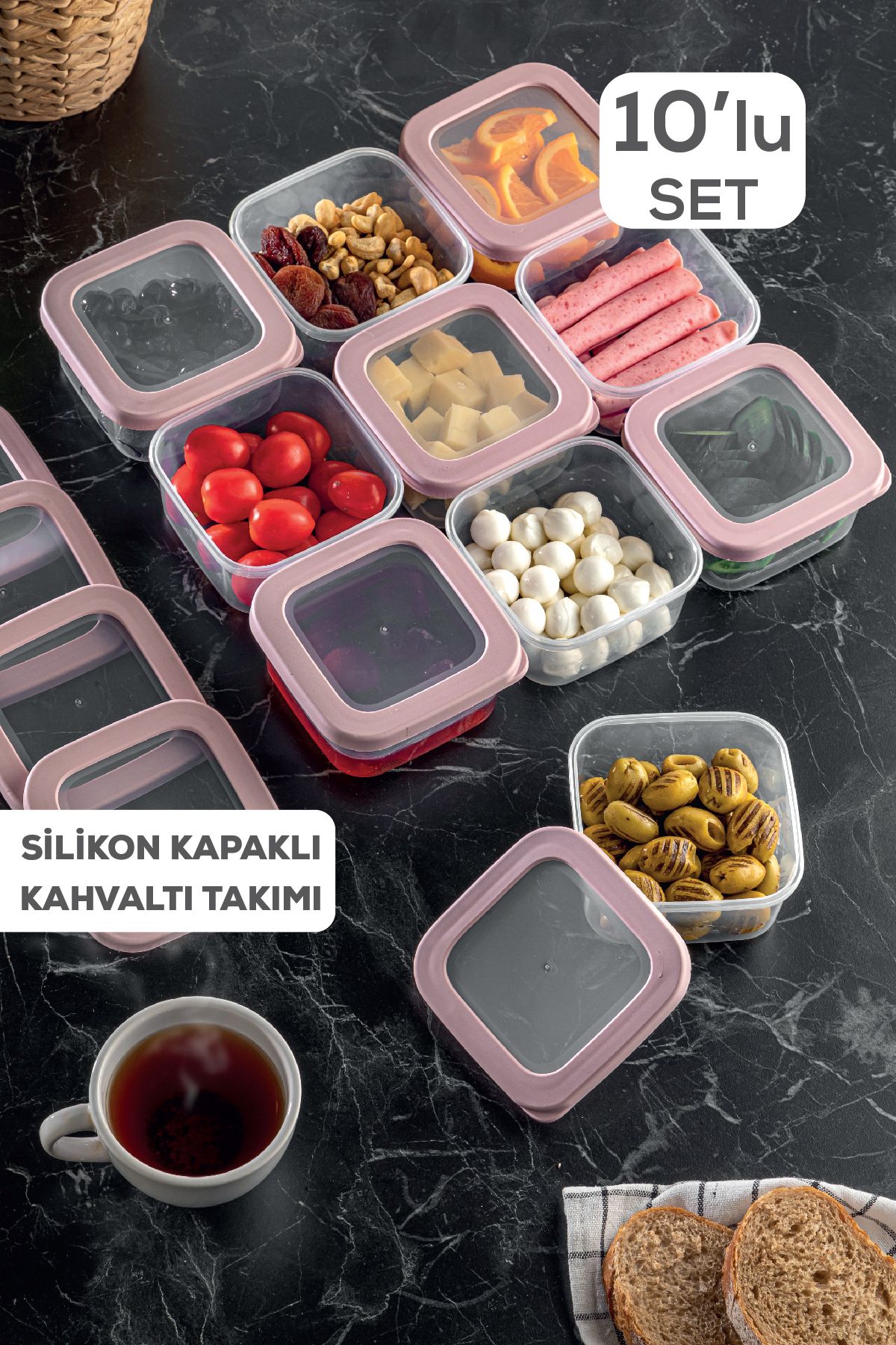 Meleni Home 10'lu Set Perla Pembe Silikon Kapaklı Kare Kahvaltılık Seti - Kahvaltı Saklama Kabı
