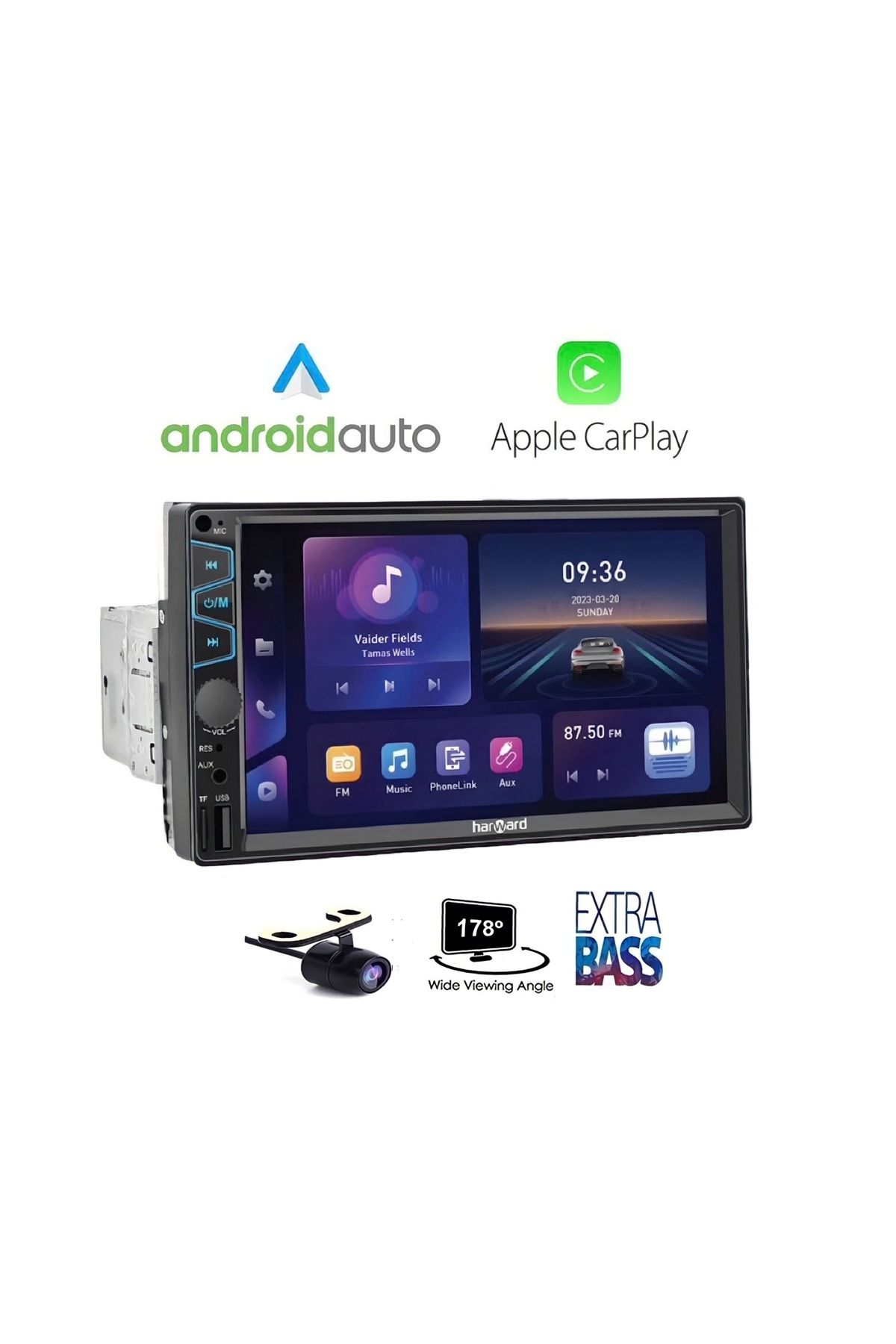 harward HR-G752 İnce Kasa Ayarlanabilir Car playli Oto Double Teyp 7''inç Bluetooth-Usb-Aux-Sd-Fm +Kamera